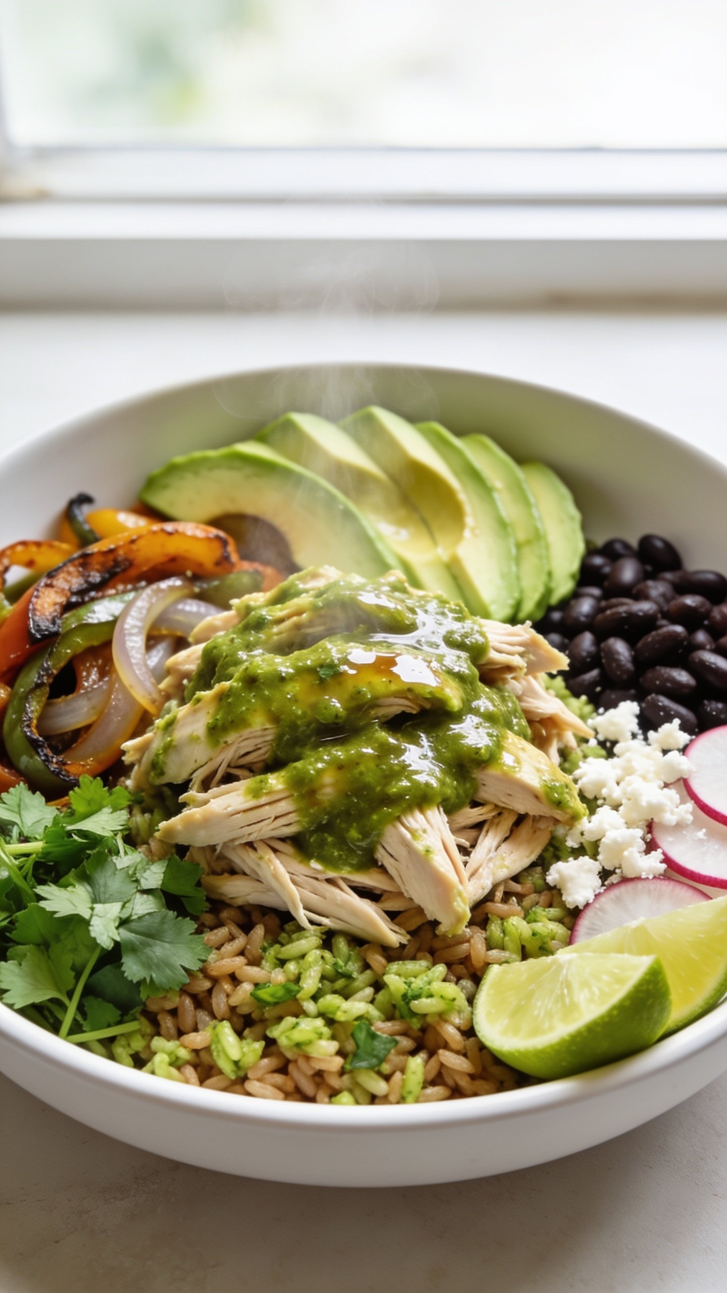 Stunning hero image of the finished high-protein salsa verde chicken meal prep bowl: juicy shredded chicken breasts coated in glossy salsa verde piled over fluffy cilantro-lime brown rice, with a side of roasted fajita-style bell peppers and onions, creamy avocado slices fanned, black beans, a sprinkle of crumbled cotija, fresh chopped cilantro, thinly sliced radishes, and lime wedges tucked at the edge. Food fills 90–95% of the frame in a white, shallow, round bowl on a light neutral surface. Bright natural window light, shallow depth of field, vibrant greens from the salsa and herbs, glistening juices clinging to the chicken, steam faintly rising, premium food-blog styling, no text, no hands, no utensils.