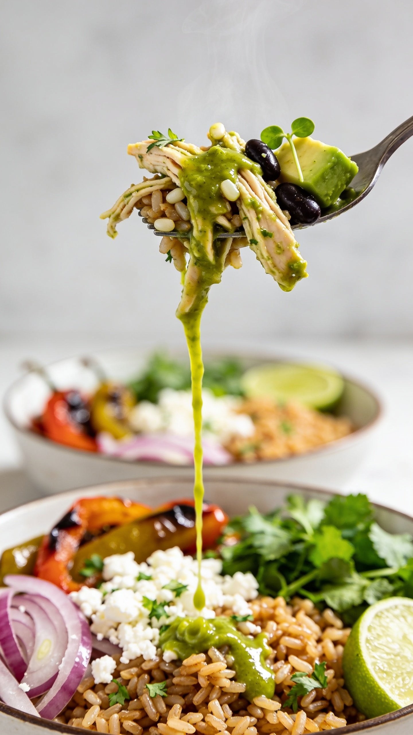 Dynamic action scene: a fork lifting the perfect bite of the finished salsa verde chicken bowl one second before it reaches the mouth. The fork holds tender strands of salsa-verde-coated chicken with a few glossy grains of cilantro-lime brown rice clinging, a black bean, and a micro piece of avocado, with a ribbon of vibrant salsa verde dripping slowly back toward the bowl. In the blurred background of the same bowl, see the roasted peppers and onions, crumbled cotija, cilantro, and lime wedge. Extreme close-up, food fills 90–95% of the frame, bright natural lighting, shallow depth of field, visible steam and glistening sauce for irresistible texture, no hands or faces—only the utensil and food.