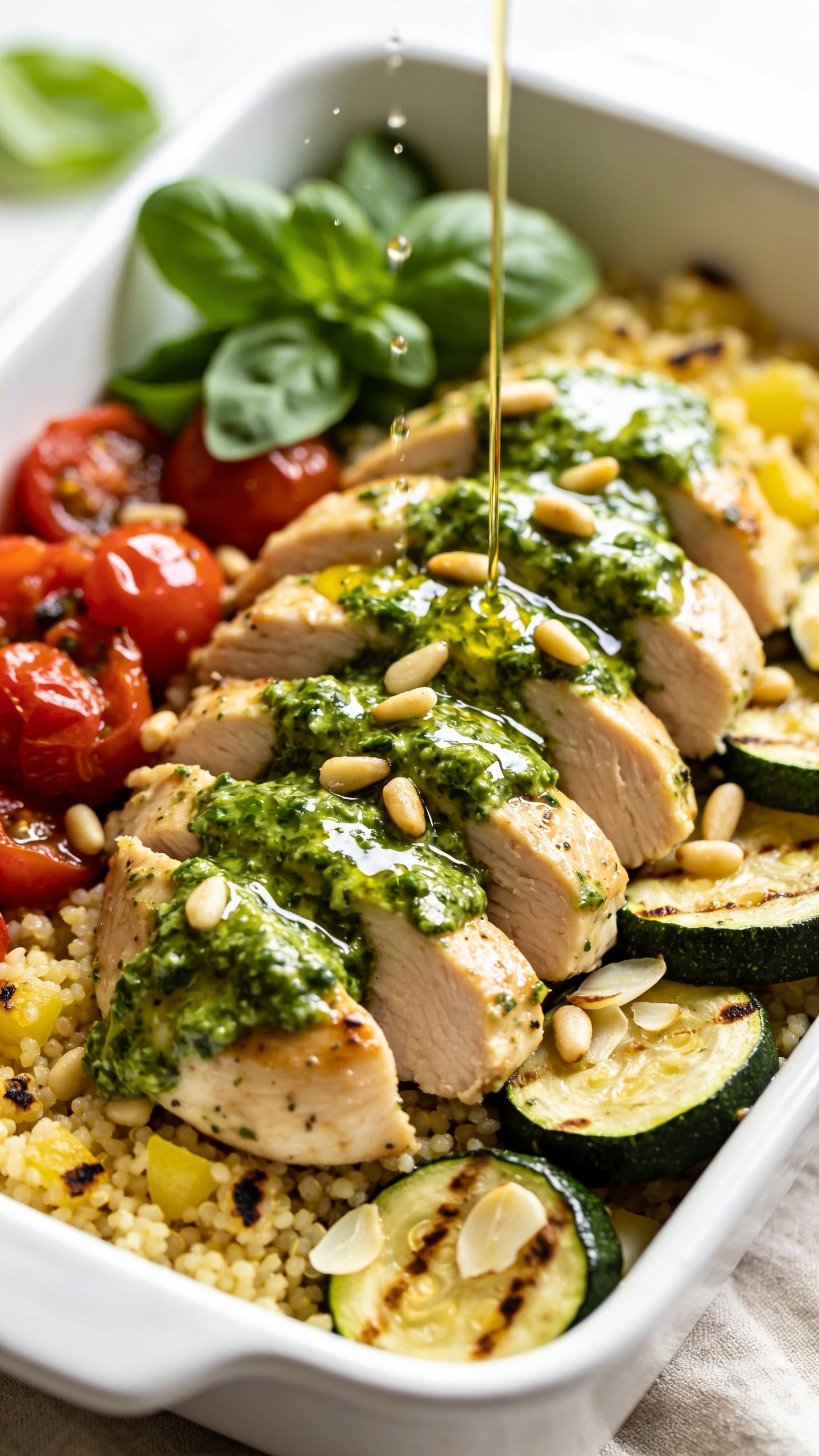 Ultra-close hero shot of High Protein Pesto Chicken Meal Prep: sliced juicy chicken thighs glazed in glossy bright-green Greek-yogurt basil pesto, fanned over fluffy lemony quinoa with charred edges, alongside roasted cherry tomatoes burst and glossy, and tender-crisp garlicky zucchini coins with light sear marks. Fresh basil leaves and a sprinkle of toasted pine nuts scattered naturally. Drizzle of extra-virgin olive oil catching the light, micro droplets visible. Food fills 90â95% of frame, shallow depth of field, bright natural window light, white ceramic meal-prep container with clean edges, neutral linen below slightly blurred. Colors vibrant: emerald pesto, ruby tomatoes, golden quinoa, deep-green zucchini. Consistent styling for all images.