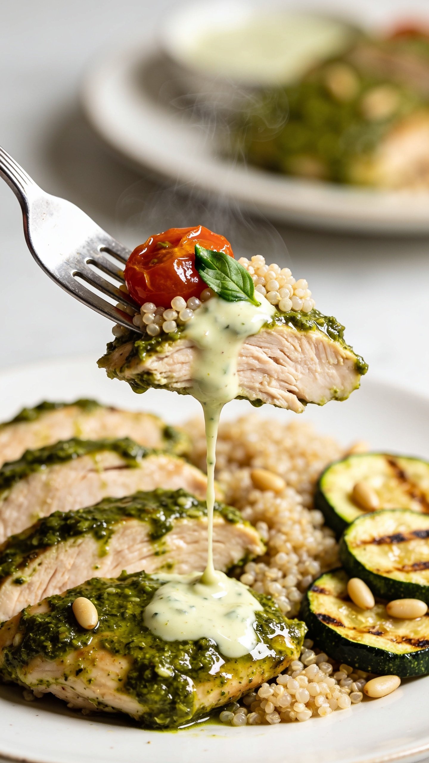 Dynamic action close-up: a silver fork lifting the perfect bite of the finished dishâone juicy slice of pesto-coated chicken with glossy sauce clinging and a strand of melted Greek-yogurt pesto stretching slightly, speared with a few quinoa pearls and a roasted cherry tomato half glistening, a basil fleck sticking to the fork tine. Visible steam rising softly. In the background blur, the plate shows remaining pesto-glossed chicken slices, quinoa, and seared zucchini coins with pine nuts. Bright natural light, shallow depth of field, food filling 90â95% of the frame, no hands, only the fork tip visible, intense texture on chicken fibers and creamy pesto sheen.