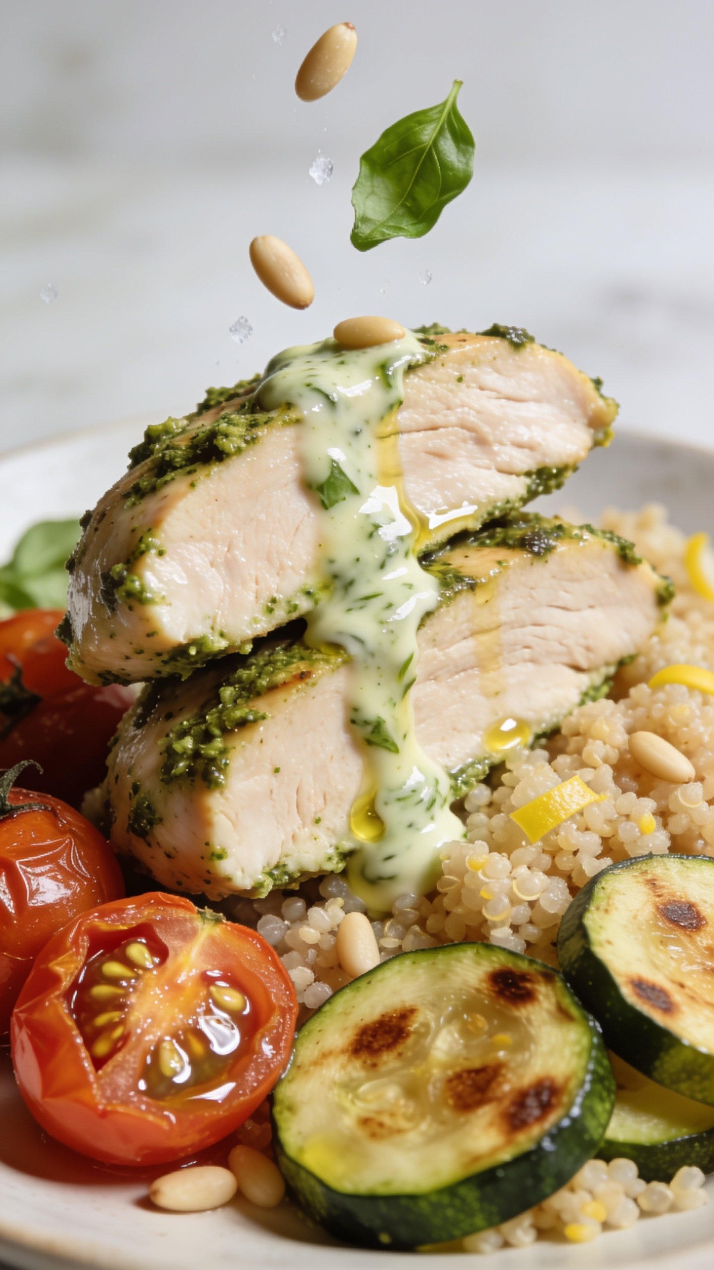 Extreme close-up angle from low three-quarters: focus on two thick slices of pesto chicken stacked slightly offset, edges moist and tender, pesto yogurt sauce pooled and streaked along the grain with a light olive oil shimmer. Roasted cherry tomatoes slightly wrinkled and juicy, one just split with seeds glistening; zucchini coins show crisp browned spots; fluffy quinoa grains distinct with a hint of lemon zest. A few pine nuts and torn basil leaves gently falling midair, frozen above the chicken. Bright natural lighting, shallow depth of field, food filling 90â95% of frame, premium food-blog styling consistent with the hero image.