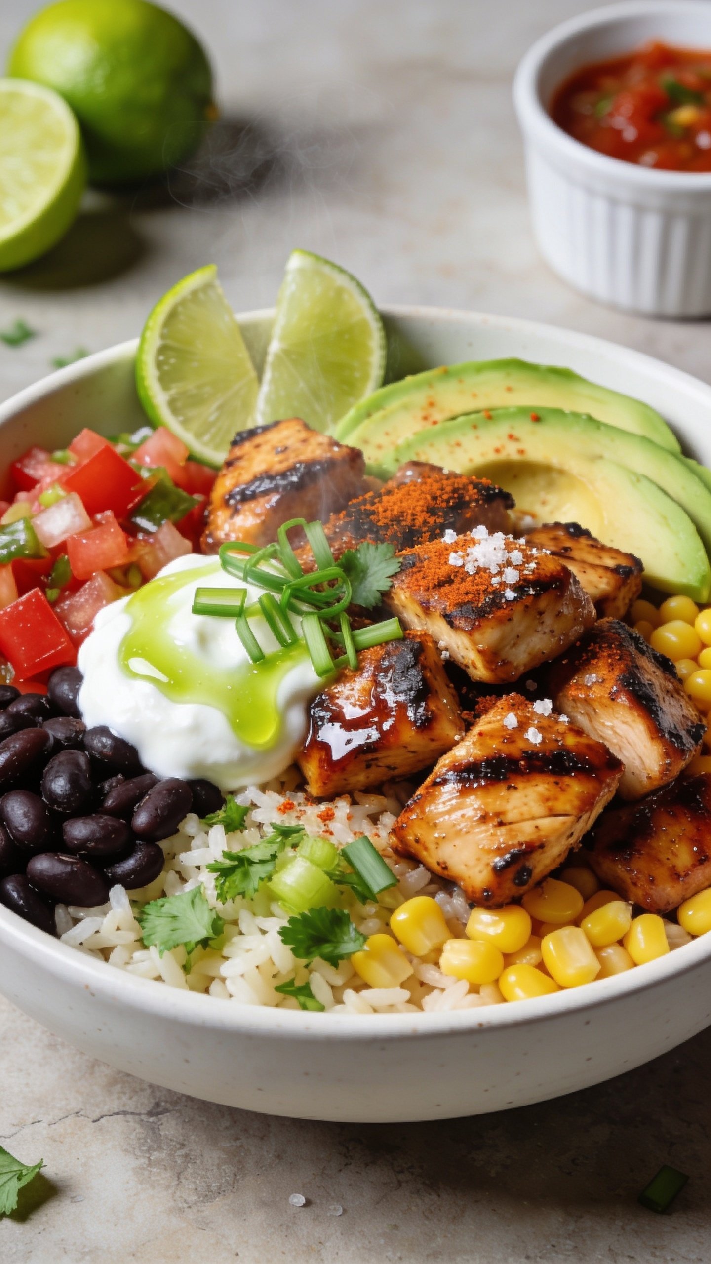 Ultra-close hero shot of a high-protein Chipotle-style chicken bowl, 90–95% of the frame filled with food, bright natural side lighting, shallow depth of field. A low, wide white ceramic bowl brimming with glossy chipotle-marinated grilled chicken chunks with light char, cilantro-lime rice as the base, black beans, roasted corn, fresh pico de gallo, creamy avocado slices, a small dollop of Greek yogurt or sour cream, a drizzle of bright lime crema, and a scatter of chopped cilantro and thinly sliced green onions. Lime wedges tucked at the rim, a light dusting of smoked paprika and coarse salt on the chicken. Emphasize juicy chicken sheen, steamy warmth, vibrant reds, yellows, and greens, and premium food-blog styling on a neutral, matte stone surface; softly blurred background with subtle hints of extra limes and a small ramekin of salsa.