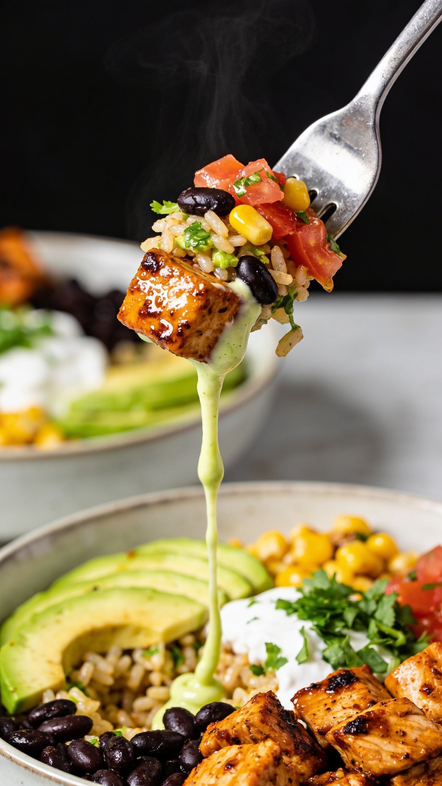 Dynamic action close-up capturing the single most irresistible bite: a stainless-steel fork lifting a perfect mouthful from the same Chipotle chicken bowl, one second before the bite reaches the mouth. The fork holds a stacked bite with a juicy, glossy chipotle chicken cube (visible char and moisture), a bit of cilantro-lime rice clinging to it, a few black beans, a kernel or two of roasted corn, a strand of pico de gallo tomato, and a swipe of creamy lime crema trailing in a silky ribbon back to the bowl; faint steam rising. Background: the same styled bowl, slightly out of focus, with avocado slices, dollop of yogurt, chopped cilantro. Bright natural lighting, shallow depth of field, 90–95% frame filled with the food and fork, no hands visible, rich textures and movement emphasized.