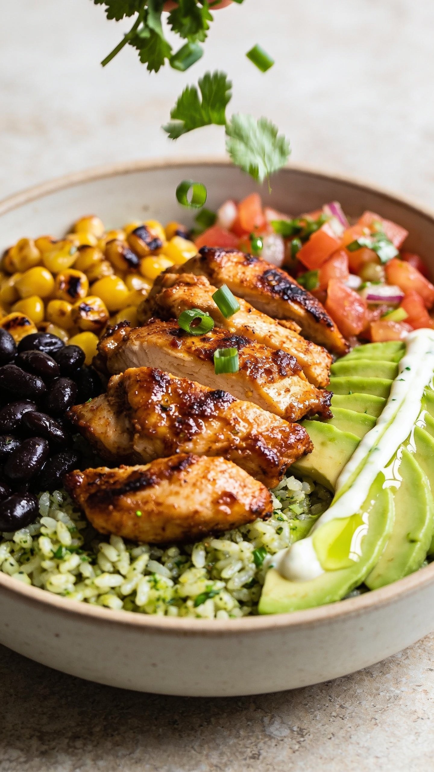 Extreme close-up from a different angle focusing on juicy textures and vibrant toppings in the same finished bowl: camera angled slightly overhead-front, showcasing glistening chipotle chicken pieces nestled over cilantro-lime rice, with glossy black beans, charred corn, chunky pico de gallo, fanned avocado, and a thin zigzag of lime crema. Fresh cilantro and green onions sprinkled mid-fall, frozen in motion above the bowl, a few flecks landing on the chicken. Emphasize crisp edges on the chicken, creamy avocado, shiny beans, and a squeeze of lime reflected on the crema. Bright natural light, shallow depth of field, neutral stone surface, 90–95% frame filled with food, premium food-blog styling consistent with the first two images.