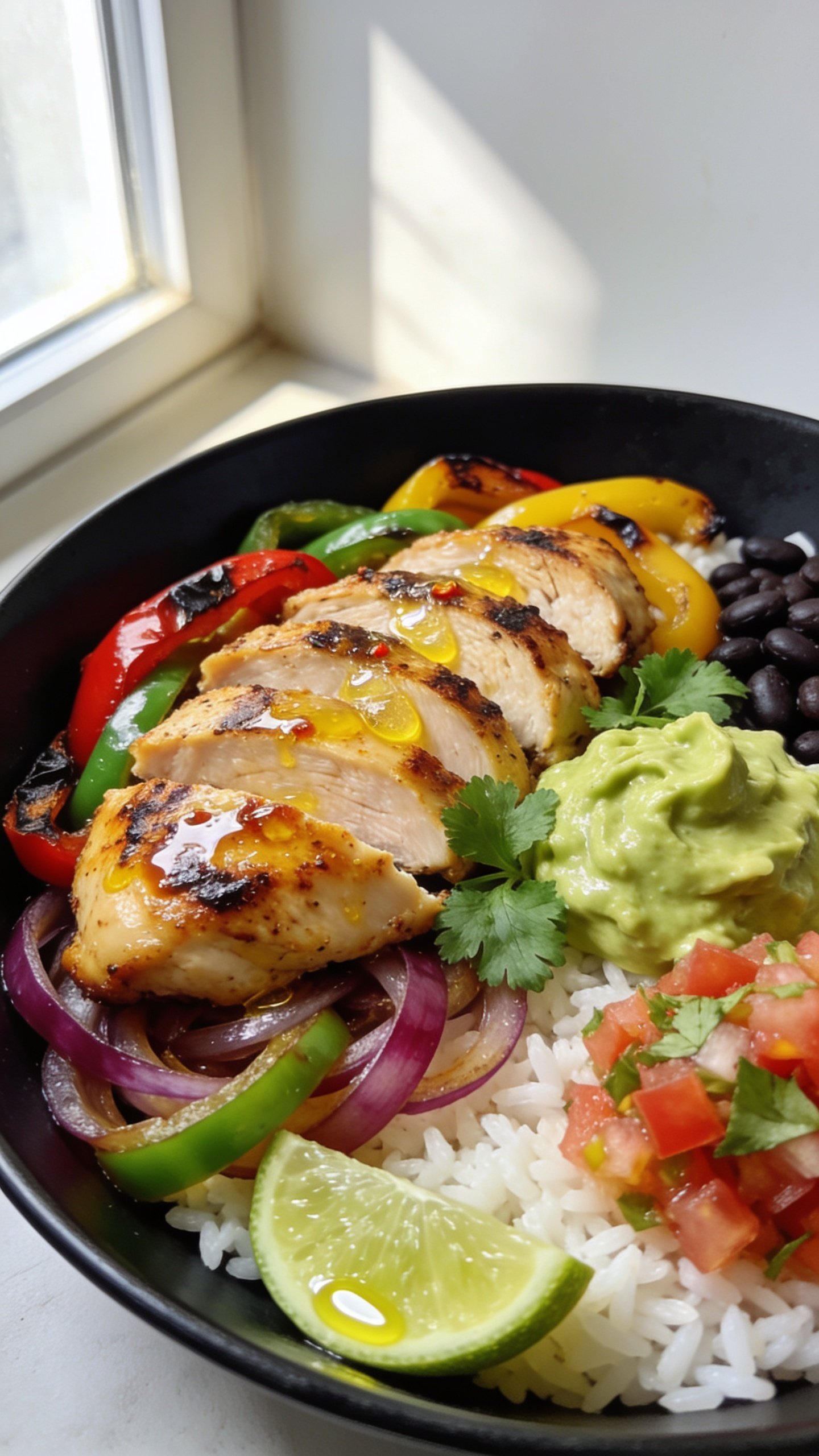 Ultra-close hero shot of high-protein chicken fajita meal prep bowl: sliced seared chicken thighs (or breasts) with deep golden char, glistening with a light citrus-chili glaze; charred red, yellow, and green bell peppers and caramelized red onions; fluffy white rice base with a squeeze of glossy lime wedge sheen; a dollop of creamy guacamole, a scoop of pico de gallo, and a few cilantro leaves; optional black beans tucked to the side; everything arranged in a shallow matte black bowl that fills 90â95% of the frame. Bright natural window light from the left, soft shadows, shallow depth of field emphasizing juicy textures and vibrant colors, no text, no hands, premium food-blog styling, identical garnishes across all images.