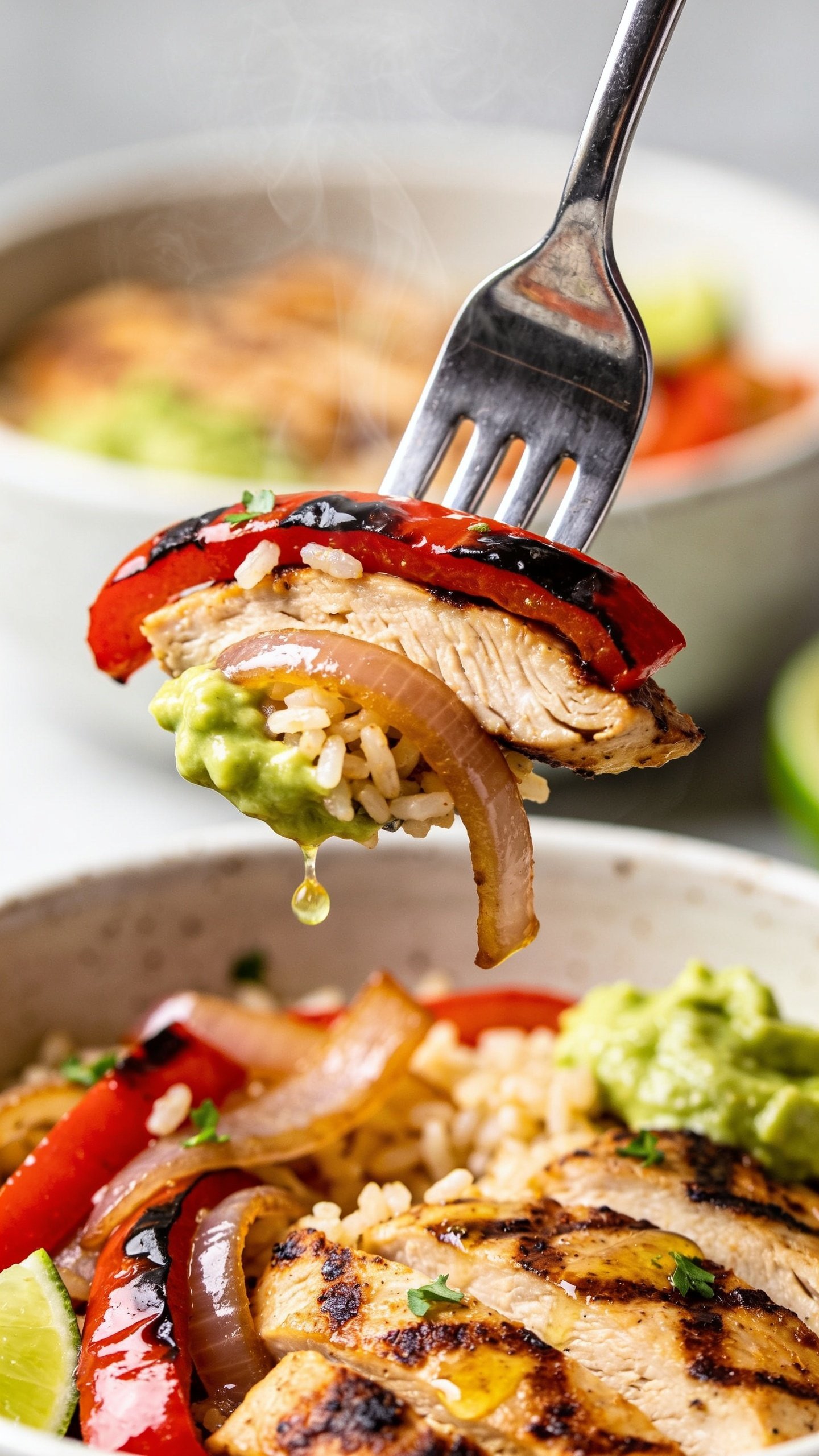 Dynamic action close-up capturing the single most irresistible bite: a shiny stainless fork lifting a perfect bite of the finished chicken fajita bowl one inch above the bowlâone juicy, char-seared chicken slice draped with a glossy strip of charred red pepper and a sliver of caramelized onion, a few grains of rice clinging, a micro-smear of guacamole on the edge, tiny cilantro flecks and a bead of lime juice glistening. Steam faintly visible, background bowl softly blurred but matching the hero styling. Bright natural lighting, shallow depth of field, 90â95% frame filled with food and forked bite, no hands, no text, premium food-magazine energy.