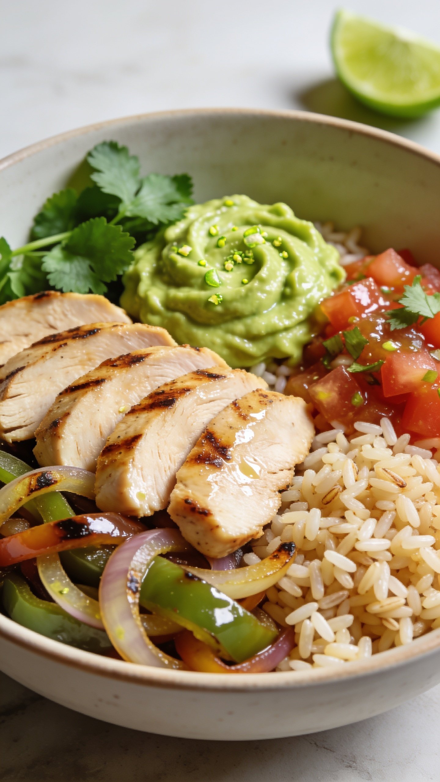 Extreme close-up from a 45-degree angle of the same finished bowl, emphasizing textures: focus on the sliced chicken fan with visible sear marks and juicy sheen, peppers and onions glossy with light charring, individual rice grains distinct, creamy guacamole swirled with tiny lime-zest specks, pico de gallo sparkling with tomato juices, cilantro leaves fresh and crisp. A lime wedge sits just out of sharp focus. Bright natural light, shallow depth of field, food filling 90â95% of frame, same bowl and garnishes as image 1 for perfect continuity, no text, no hands.
