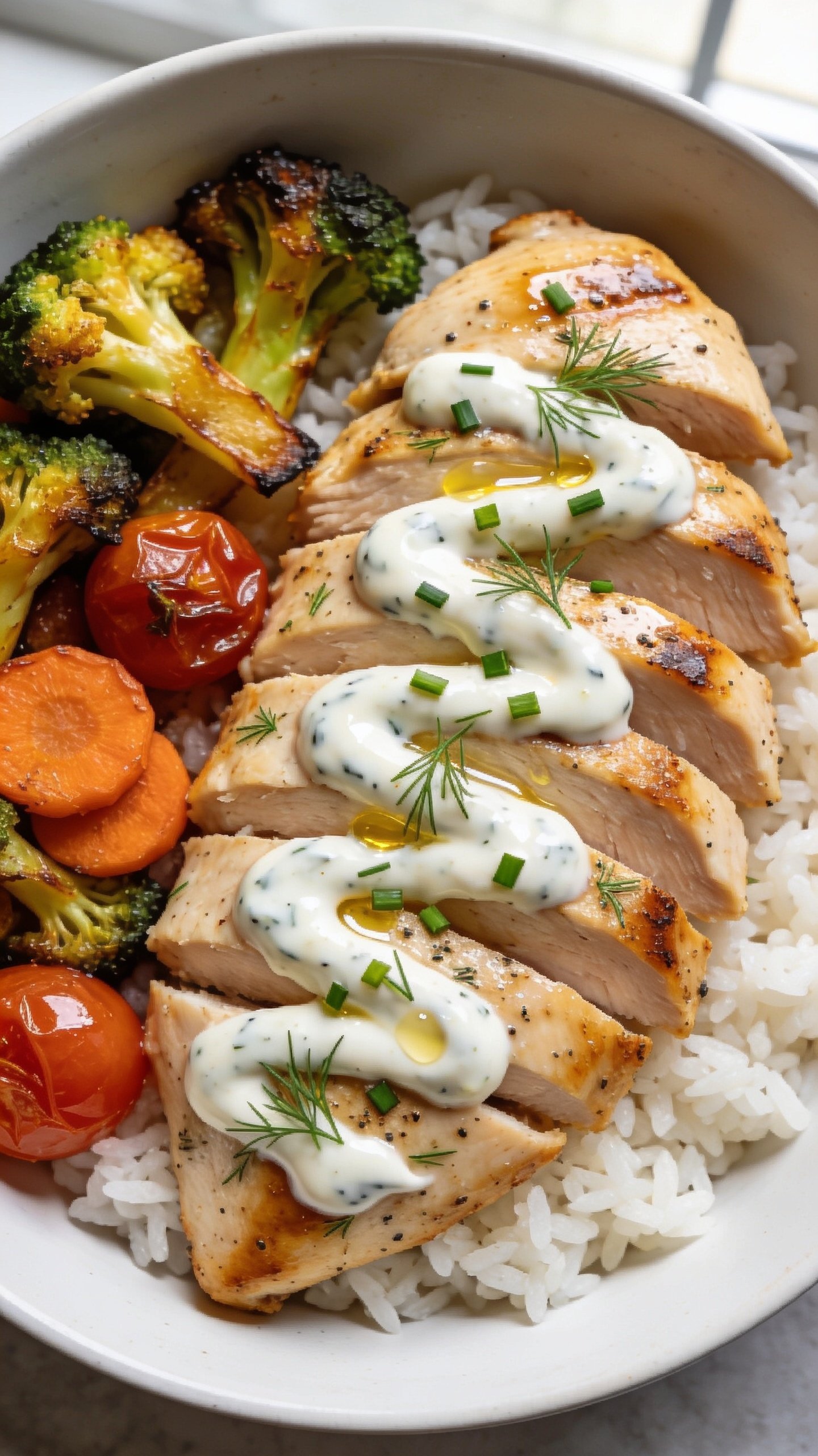 Ultra close-up hero shot of high-protein ranch chicken meal prep plated in a shallow white bowl: juicy oven-roasted ranch-marinated chicken breast sliced into thick, glistening pieces with visible specks of dill and cracked pepper, nestled over fluffy white rice with a side of caramelized sheet-pan veggies (golden-roasted broccoli florets, blistered cherry tomatoes, and tender orange carrot coins). A glossy swirl of creamy Greek-yogurt ranch drizzled lightly over the chicken, tiny chopped chives and fresh dill scattered on top, a faint sheen of olive oil catching the light. Bright natural window light, shallow depth of field, vibrant colors, premium food-blog styling, 90â95% of frame filled with food, no hands, no text.