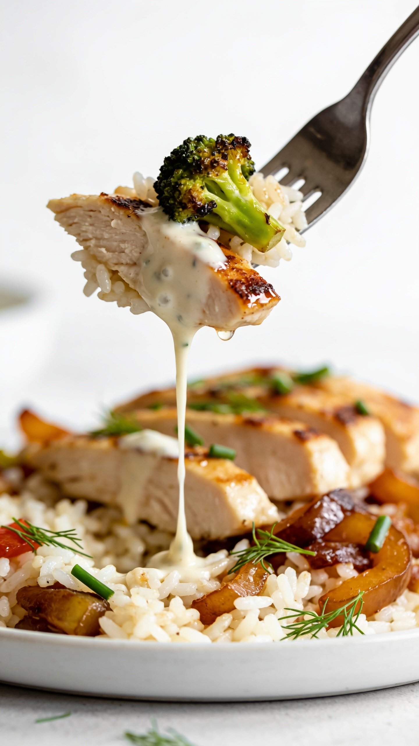 Dynamic action close-up capturing the irresistible bite: a stainless steel fork lifting the perfect bite of ranch chicken layered with a little rice and a roasted broccoli floret, creamy ranch clinging and slowly trailing back to the plate, micro-beads of juice glistening on the chickenâs seared edge. In the blurred background of the same dish, see sliced ranch chicken on rice with caramelized veggies and scattered fresh dill and chives. Bright natural lighting, shallow depth of field, movement frozen one second before the bite reaches the mouth, 90â95% food in frame, utensil only visible, no hands, no text.