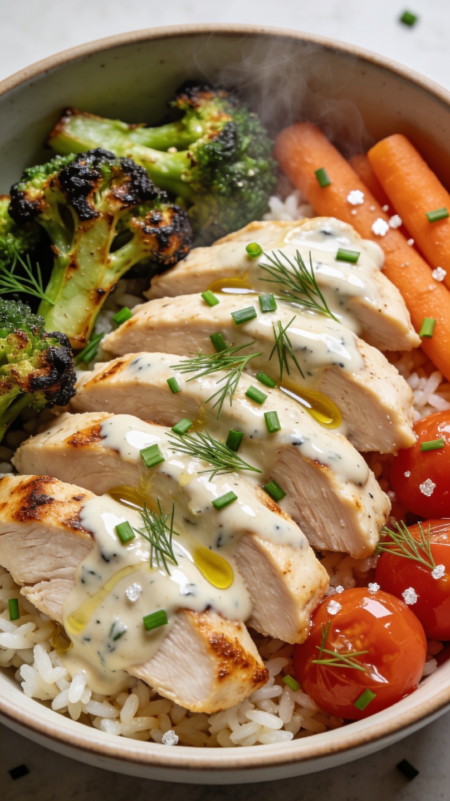 Tight macro angle from slightly overhead of the same finished bowl: thick slices of ranch-marinated chicken fanned over rice, edges lightly browned, surface glossy with a thin ranch drizzle and a drizzle of olive oil. Roasted broccoli with charred tips, juicy burst cherry tomatoes, and tender carrots tucked alongside. Fresh dill fronds and finely chopped chives sprinkled like confetti, a few grains of sea salt visible, steam subtly rising. Bright natural light, shallow depth of field, rich textures and vibrant color contrast, 90â95% of frame filled with food, no hands, no text.