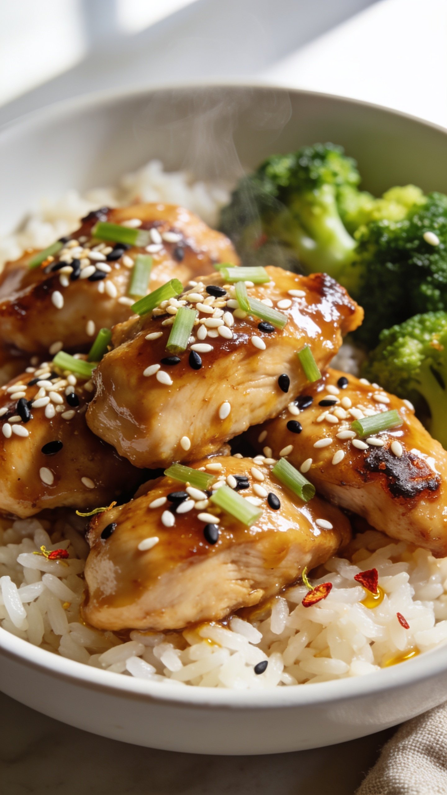 Ultra-close hero shot of high-protein sesame chicken plated in a shallow white bowl over fluffy jasmine rice with vibrant steamed broccoli on the side; glossy, sticky soy-ginger-sesame glaze clinging to juicy chicken thigh pieces, each glistening with a light sheen; generous sprinkle of toasted white and black sesame seeds and finely sliced scallions; a few delicate chili flakes for subtle heat; bright natural window light from the left, soft reflector fill on the right; shallow depth of field with the front chicken pieces tack-sharp and background gently blurred; rich caramelized edges, visible sesame oil sheen, and steam faintly rising; premium food-blog styling with minimal props (only the bowl and a neutral linen barely visible at the edge); food fills 90–95% of frame.