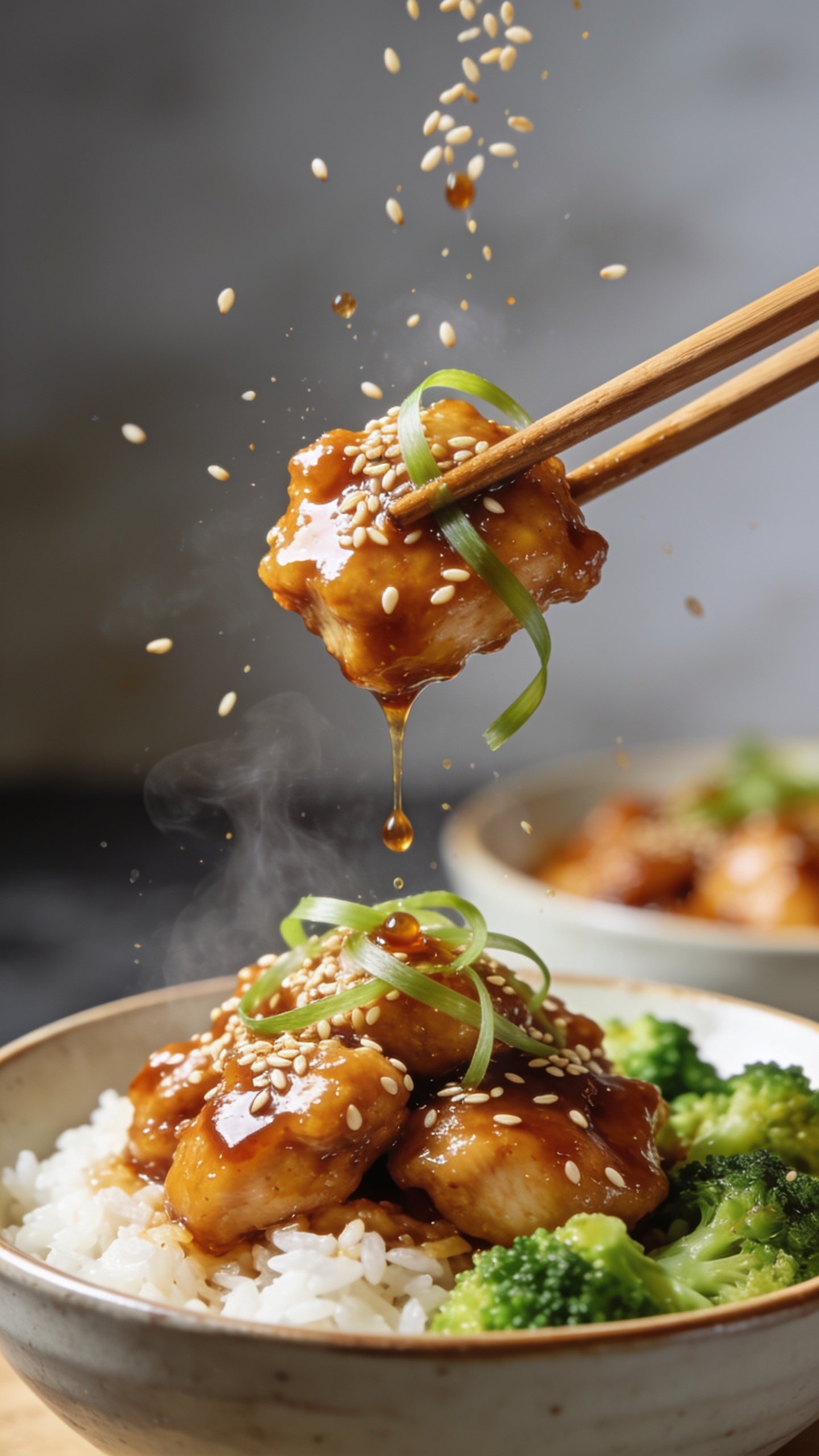 Dynamic action close-up: wooden chopsticks lifting the perfect glossy bite of sesame chicken above the same rice-and-broccoli bowl; sauce stringing slightly from the lifted piece back to the mound below, tiny droplets catching the light; toasted sesame seeds and micro-splashes of glaze mid-air like they’ve just shaken loose; thin scallion ribbons draped over the lifted chicken; steam rising subtly; background blur shows the rest of the bowl consistent with the hero image; bright natural side light and shallow depth of field to freeze the most mouthwatering moment one second before the bite; food dominates 90–95% of frame, no hands visible, only chopstick tips and glossy chicken in focus.