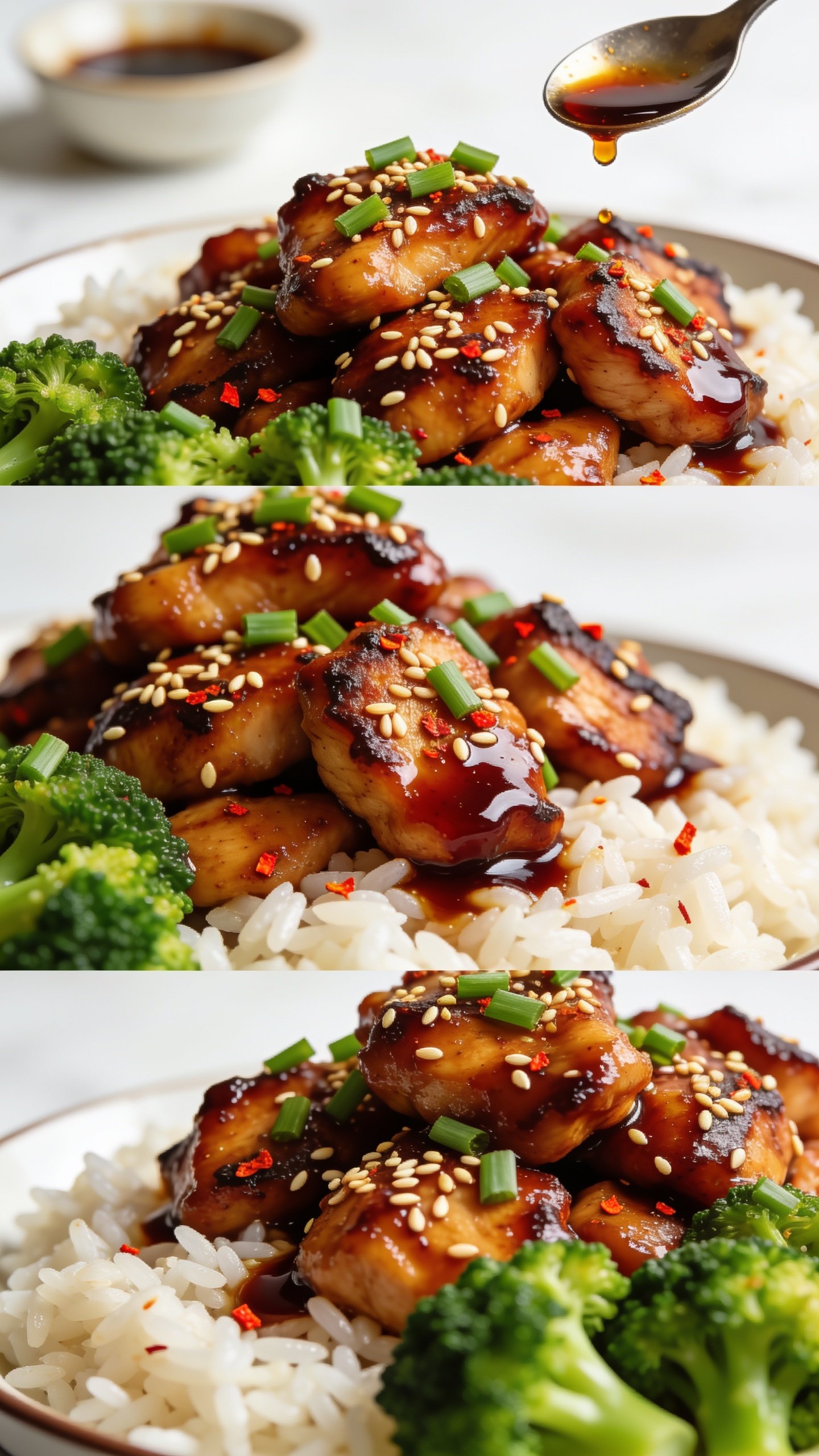 Macro angle from three-quarters overhead focusing on texture: the same sesame chicken piled over jasmine rice with broccoli nestled close; emphasis on lacquered sauce pooling lightly in the rice grains, caramelized edges on the chicken, and scattered toasted sesame seeds; fresh scallions and a whisper of chili flake for color pop; a small spoon’s bowl just out of focus near the edge with a bead of sauce to imply serving, but no hands; bright natural light, shallow depth of field isolating the sauciest central pieces; vivid greens, deep mahogany glaze, and pearly rice detail; food fills 90–95% of frame, cohesive with the previous images.