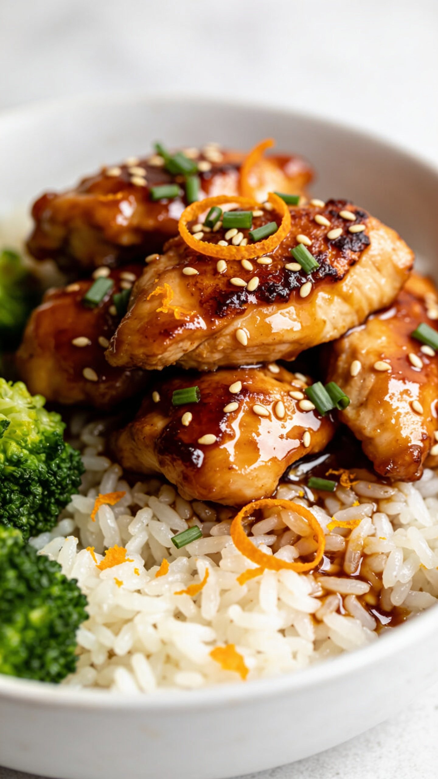 Ultra-close hero shot of high protein orange chicken bowl: glossy, sticky orange-glazed chicken thigh or breast pieces with light cornstarch sear and caramelized edges, piled over fluffy jasmine rice with a side of bright-green steamed broccoli. Sauce clings and pools lightly on the rice, visible orange zest speckles, thin orange peel curls, toasted sesame seeds, and finely sliced green onions scattered on top. Vibrant natural daylight from the side, shallow depth of field, rich contrast highlighting glossy sauce and juicy texture; food fills 90–95% of frame with a minimal matte white bowl and a soft, blurred neutral background for premium food-blog styling.