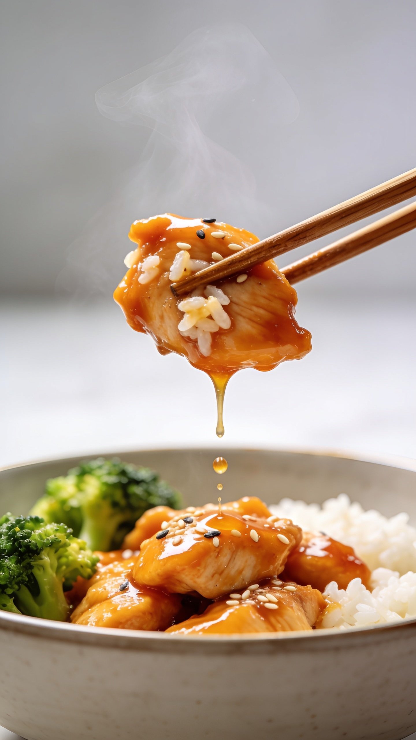Dynamic action close-up: wooden chopsticks lifting the perfect bite of the same glossy orange chicken—one or two saucy pieces with a few rice grains clinging—hovering above the bowl. Viscous orange glaze stretches and slowly drips back onto the chicken below, with a few sesame seeds and micro-beads of sauce mid-fall. Steam subtly rising, bright natural light, shallow depth of field isolating the lifted bite; broccoli and rice remain softly blurred but clearly present in the bowl beneath. No hands visible, only chopsticks; food occupies 90–95% of frame for a mouthwatering, frozen-in-time moment.