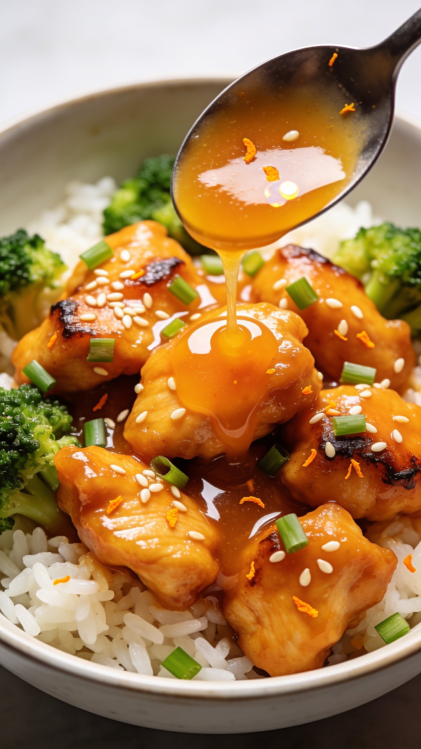 Tight macro angle from slightly overhead: consistent bowl of orange chicken over jasmine rice with crisp broccoli, emphasizing caramelized edges, lacquered orange sauce sheen, and tiny orange zest flecks. A glossy spoonful of extra orange glaze is just finishing a delicate drizzle over the chicken, forming glossy rivulets and small reflective highlights. Sesame seeds and finely sliced green onions scatter naturally across the surface. Bright natural lighting, shallow depth of field, minimal neutral backdrop; food dominates 90–95% of frame with rich textures and vibrant citrus color.