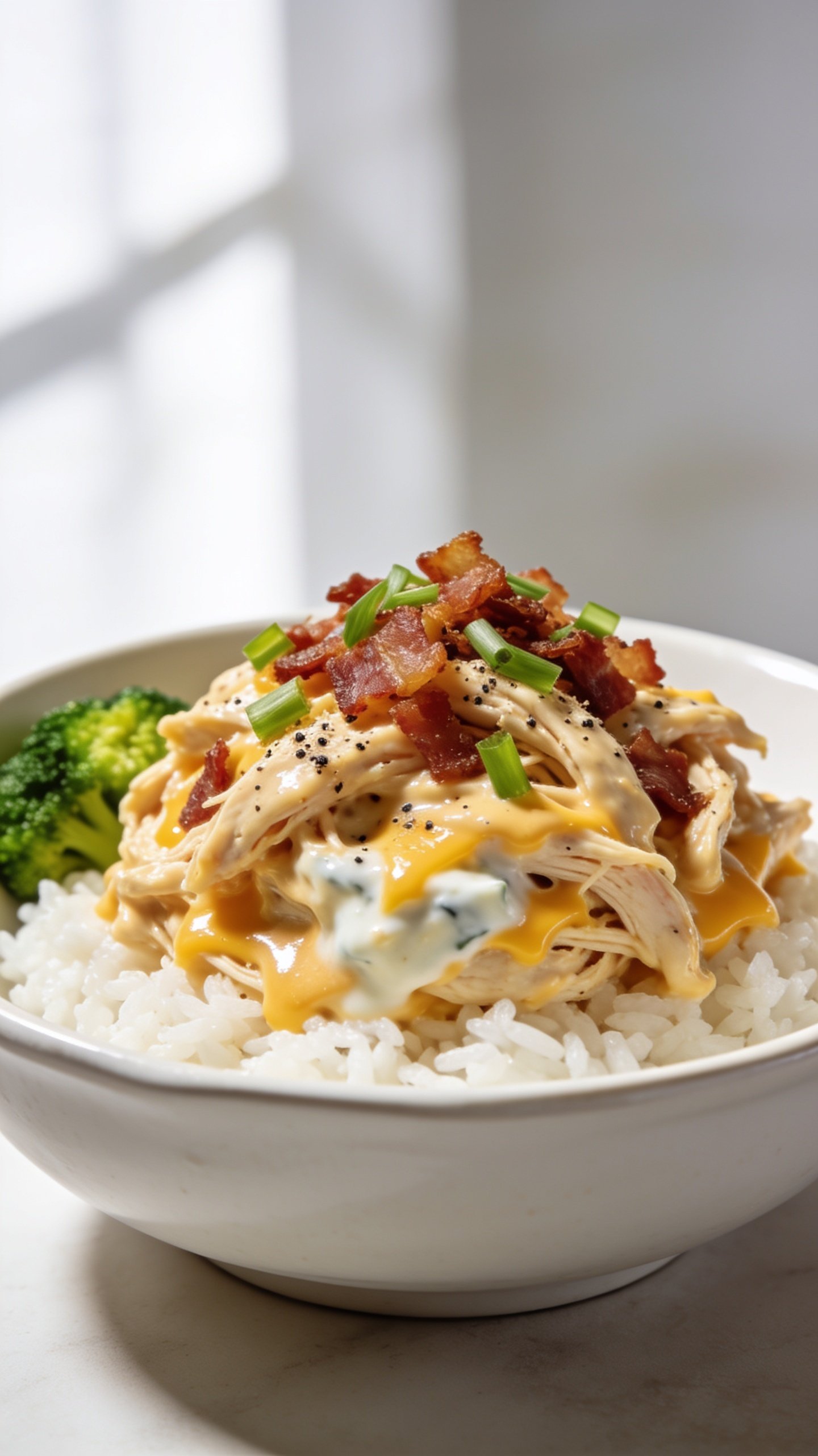 Ultra-close hero shot of High Protein Crack Chicken meal prep: shredded creamy ranch-seasoned chicken breast mixed with melted cheddar and a touch of Greek yogurt, coated in a glossy, velvety sauce; generously topped with crispy bacon crumbles, thinly sliced green onions, and a sprinkle of cracked black pepper. Served in a shallow white ceramic bowl over a neat bed of fluffy white rice, with a small side of bright steamed broccoli florets peeking in the background. Bright natural window light from the left, soft shadows, shallow depth of field, bokeh background, vivid textures of glossy sauce, juicy chicken strands, and crunchy bacon visible. Food fills 90–95% of frame, premium food-blog styling, clean neutral backdrop.