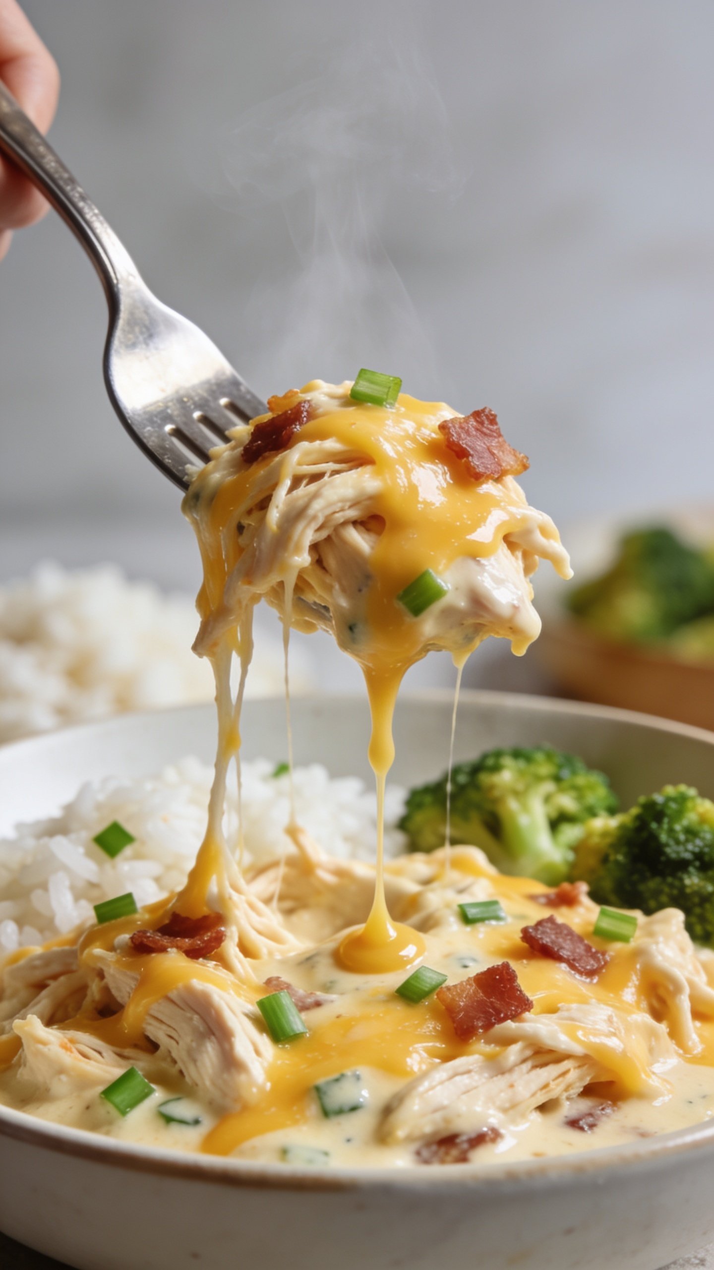 Dynamic action close-up: a polished fork lifting the perfect bite of the finished Crack Chicken from the bowl—shredded cheesy ranch chicken stretching in molten strands of cheddar, tiny bacon bits clinging, flecks of green onion dotting the creamy surface, with a glistening drip of sauce suspended mid-fall back into the bowl below. Steam faintly rising, bright natural lighting, ultra-shallow depth of field focused on the lifted bite, background blur showing hints of rice and broccoli. No hands, only the fork visible. Food dominates 90–95% of frame, capturing movement, anticipation, and glossy textures.
