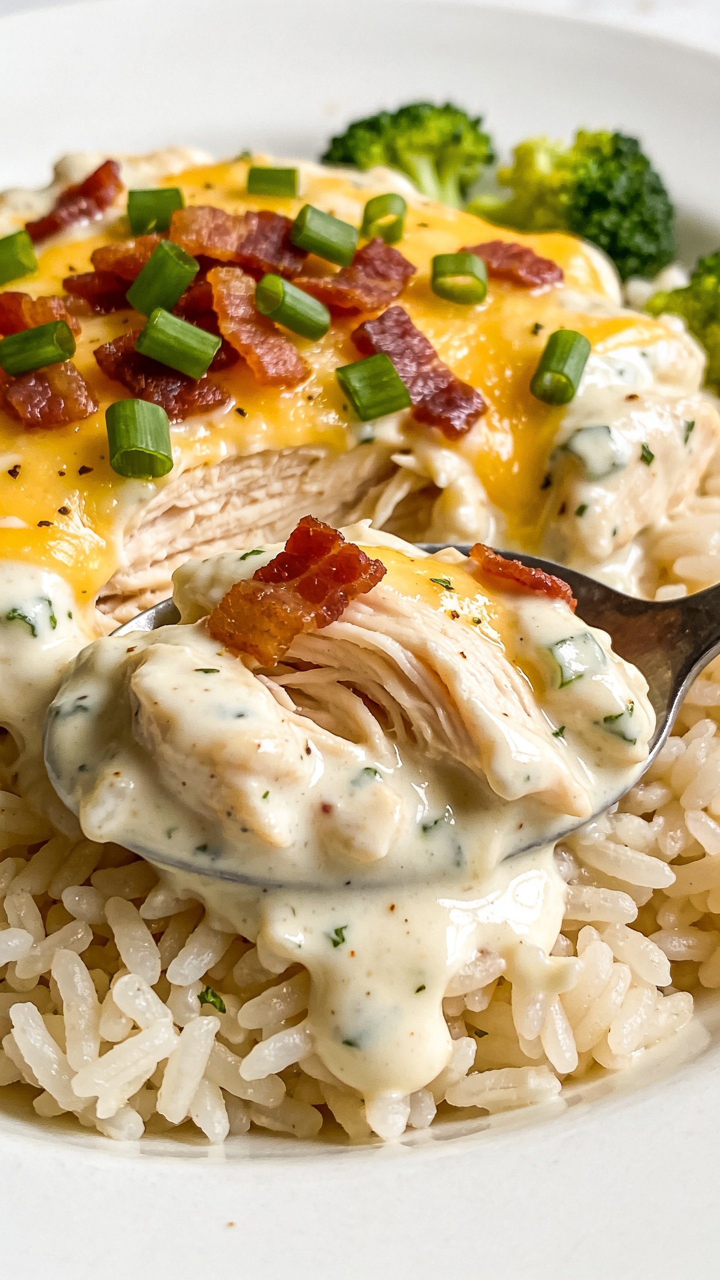 Macro close-up from a slightly overhead three-quarter angle of the same plated meal: creamy ranch crack chicken spooned over rice, sauce pooling silkily between grains, with crisp-edged bacon crumbles and vibrant green onions scattered on top; light sheen on the cheddar, fine specks of ranch herbs visible throughout. A few broccoli florets at the rim add pop of green without stealing focus. Bright natural light, shallow depth of field highlighting juicy chicken fibers and glossy sauce, minimal props, cohesive styling consistent with the other images, food filling 90–95% of frame.
