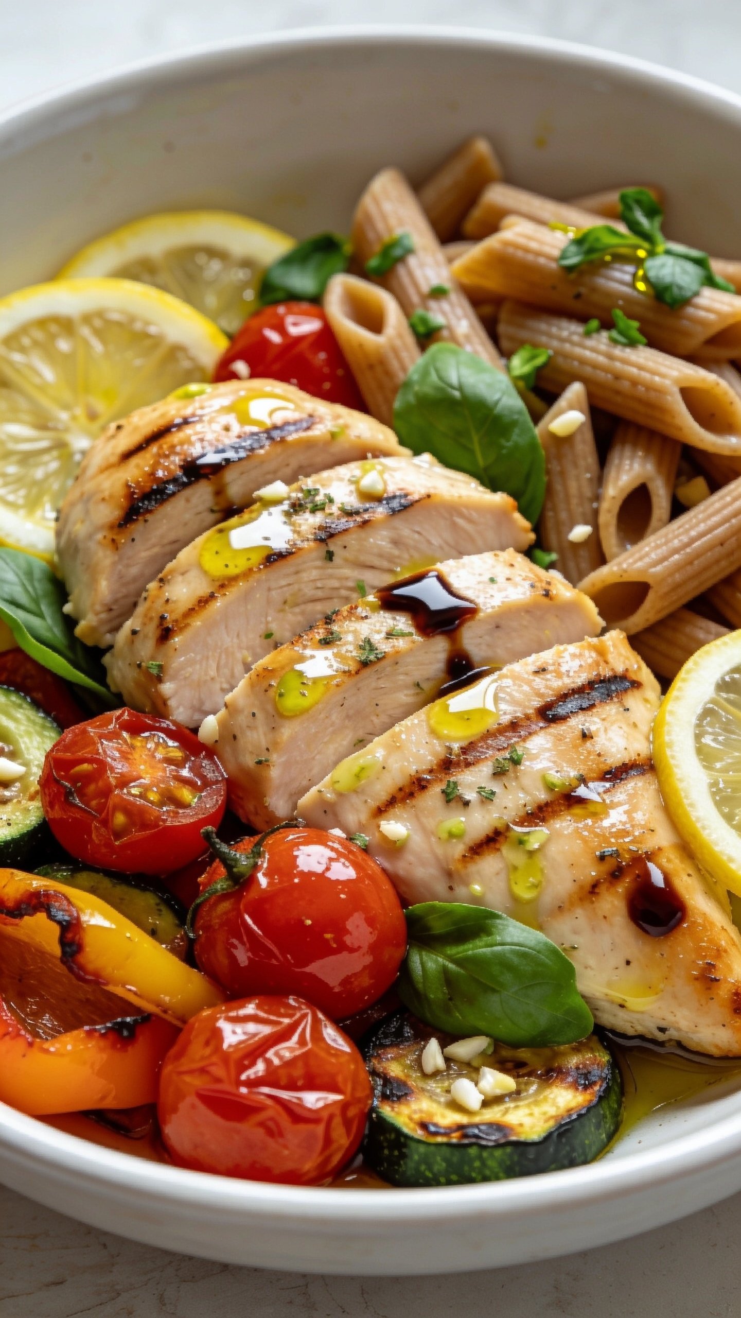Ultra-close, hero shot of a high-protein Italian chicken meal prep plated in a shallow white bowl: sliced juicy grilled chicken breast with visible sear marks, glistening with a light lemon-garlic-olive oil glaze; roasted cherry tomatoes burst and glossy; roasted zucchini and bell peppers with caramelized edges; a scoop of al dente whole-grain penne lightly tossed in olive oil and chopped basil; thin lemon slices and fresh basil leaves tucked around the chicken; a whisper of balsamic reduction drizzled across the chicken and tomatoes; flecks of oregano and minced garlic visible on the surface; bright natural side lighting, shallow depth of field, creamy bokeh, food filling 90–95% of frame, no hands, no text, premium food-blog styling.