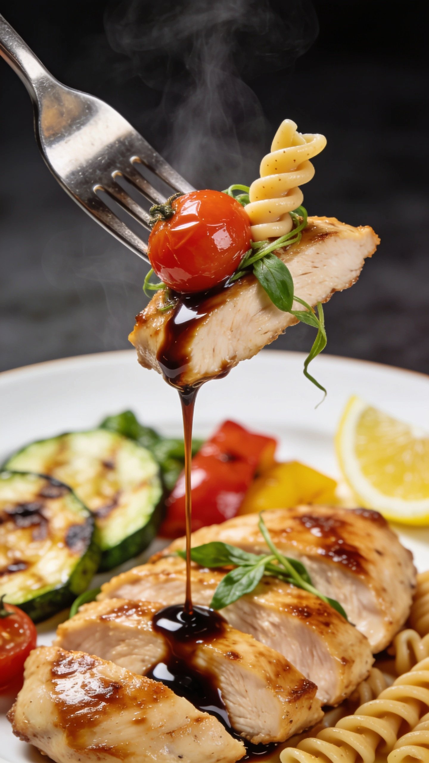 Extreme close-up action shot: a polished fork lifting the perfect bite—one juicy slice of glazed chicken breast speared with a burst cherry tomato and a small twist of whole-grain penne, strands of basil clinging; a glossy ribbon of balsamic reduction slowly trailing from the lifted bite back to the plate; steam faintly rising; background shows blurred roasted zucchini and peppers and lemon wedge; bright natural lighting, shallow depth of field, rich textures, movement frozen one second before the bite, food filling 90–95% of frame, utensil only visible, no hands, no text.