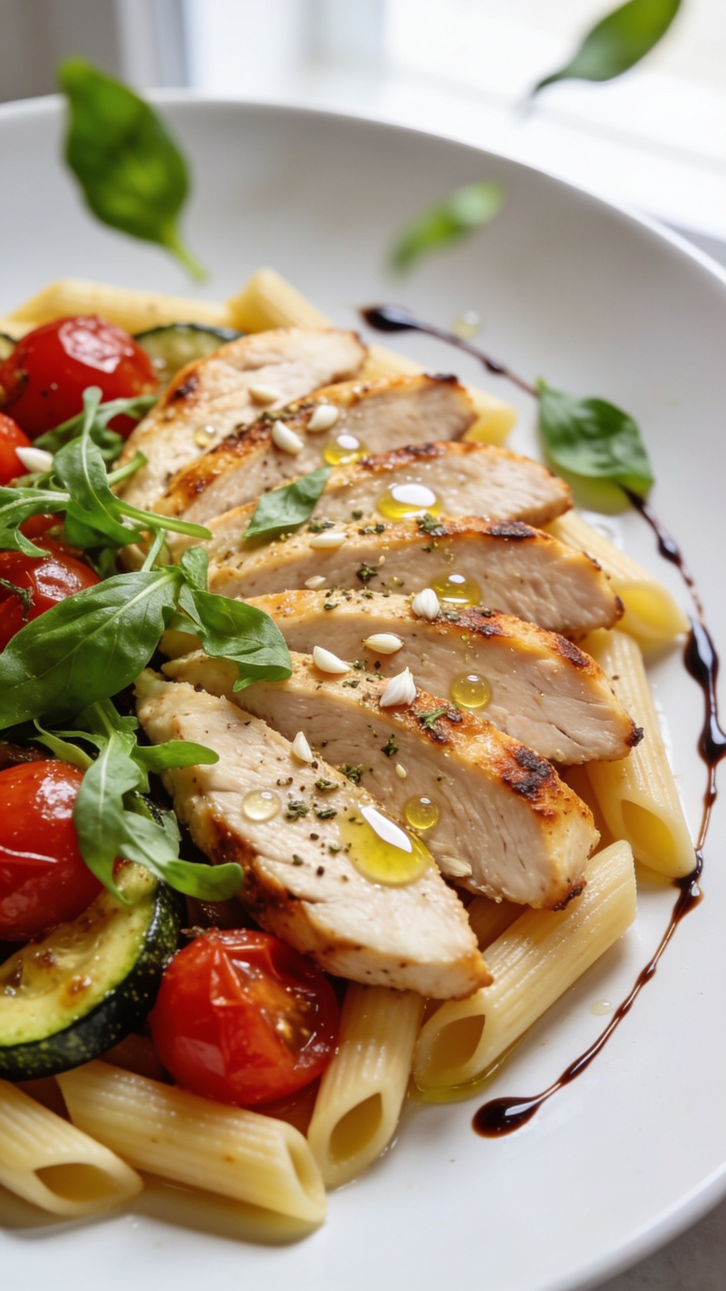 Tight macro angle from slightly overhead on the same plated dish: chicken breast slices fanned over penne, roasted cherry tomatoes and zucchini nestled alongside; micro-beads of olive oil catching light, garlic and oregano speckles on the chicken, thin balsamic swirls pooling around edges; fresh basil chiffonade sprinkled over everything mid-fall, a few leaves in sharp focus with others blurred; vibrant reds, greens, and golden-brown sear contrasting against a clean white plate; bright natural window light, shallow depth of field, luxurious gloss and crisp edges, food filling 90–95% of frame, no utensils, no hands, no text.