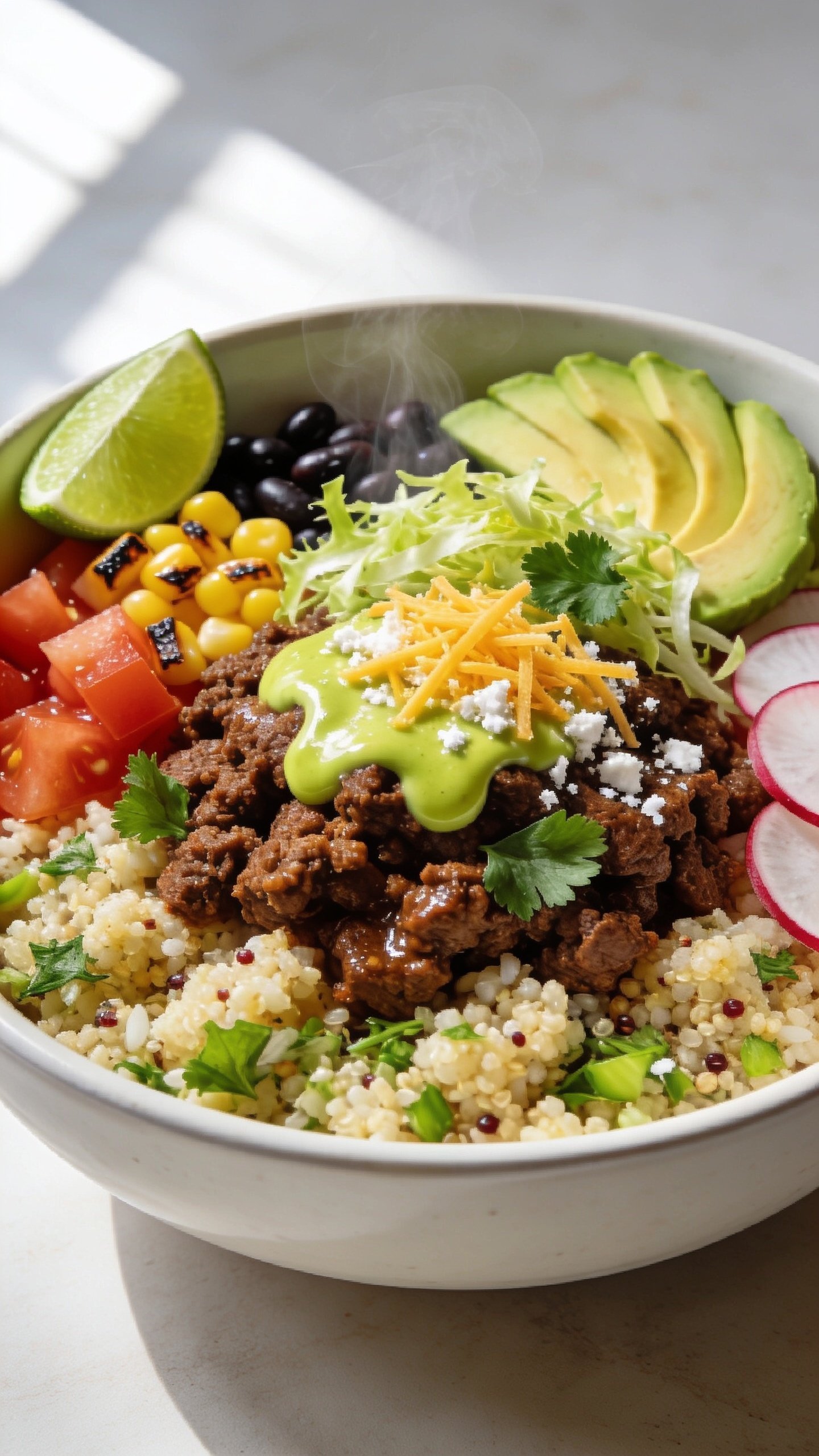 Ultra-close-up hero shot of a High Protein Taco Beef Bowl: a wide, shallow white ceramic bowl filled 90–95% of frame with fluffy cilantro-lime cauliflower rice and quinoa blend base, crowned with glossy, deeply browned taco-seasoned lean ground beef, juicy diced tomatoes, charred corn kernels, black beans, thinly sliced radishes, creamy avocado fan, crunchy shredded romaine, a sprinkle of finely shredded cheddar and crumbled cotija, fresh cilantro leaves, and a drizzle of bright lime crema; a lime wedge tucked at the rim. Bright natural window light from the left, soft shadows, shallow depth of field, vibrant saturated colors, visible steam wisping from the beef, premium food-blog styling on a clean, light neutral background, no text, no hands.