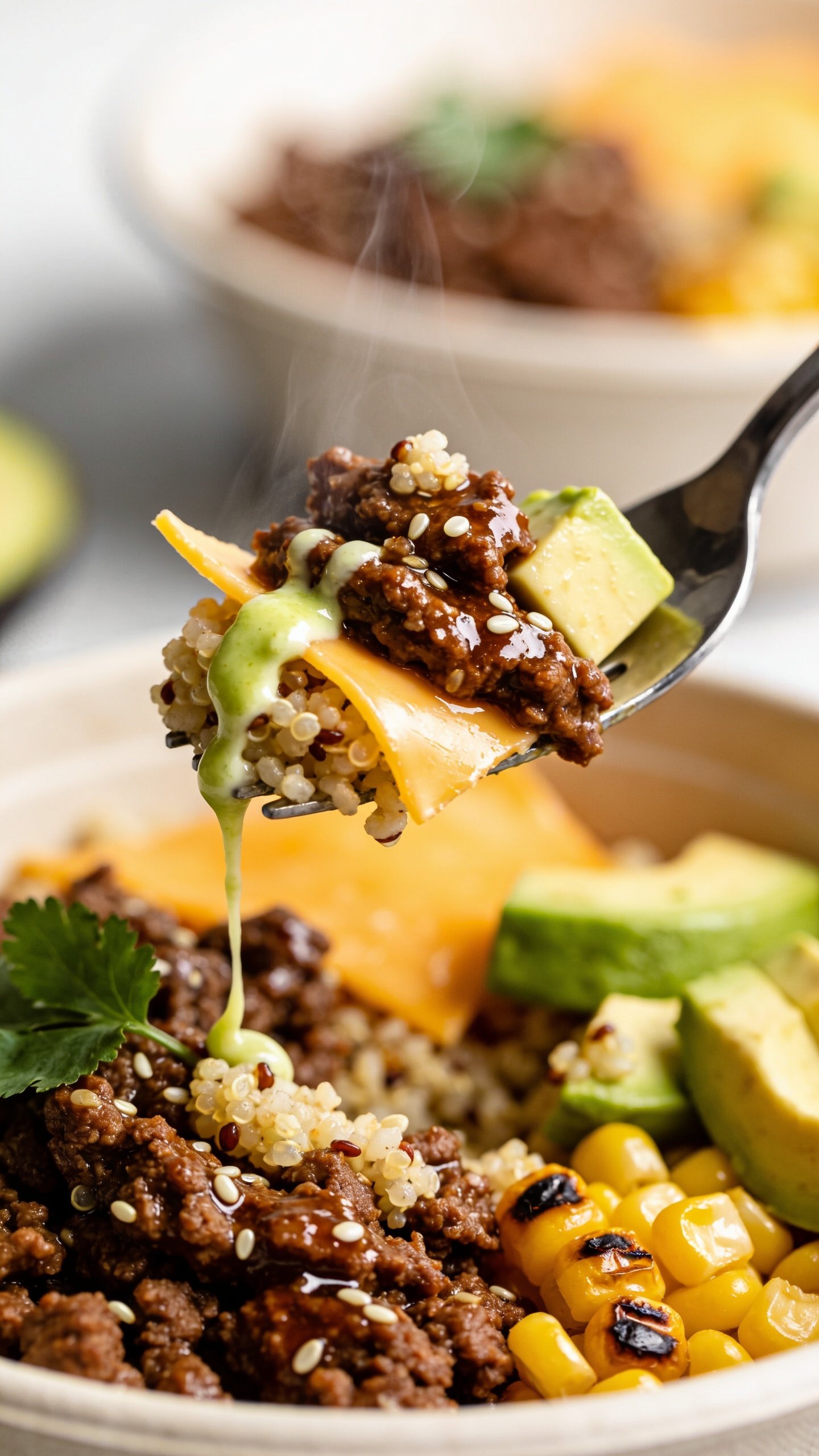 Dynamic action close-up capturing the irresistible bite: a polished stainless fork lifting the perfect mouthful from the same taco beef bowl—stacked layers of glossy, spiced ground beef, a few quinoa/cauliflower rice grains clinging, a ribbon of lime crema stretching slightly, a shard of melted cheddar, a cube of avocado, a pop of charred corn, and a cilantro leaf; micro-beads of juice glistening on the beef, faint steam rising. Background shows the bowl softly blurred but clearly matching the hero build. Bright natural lighting, shallow depth of field, 90–95% frame filled with food, motion frozen one second before the bite, no hands or people.