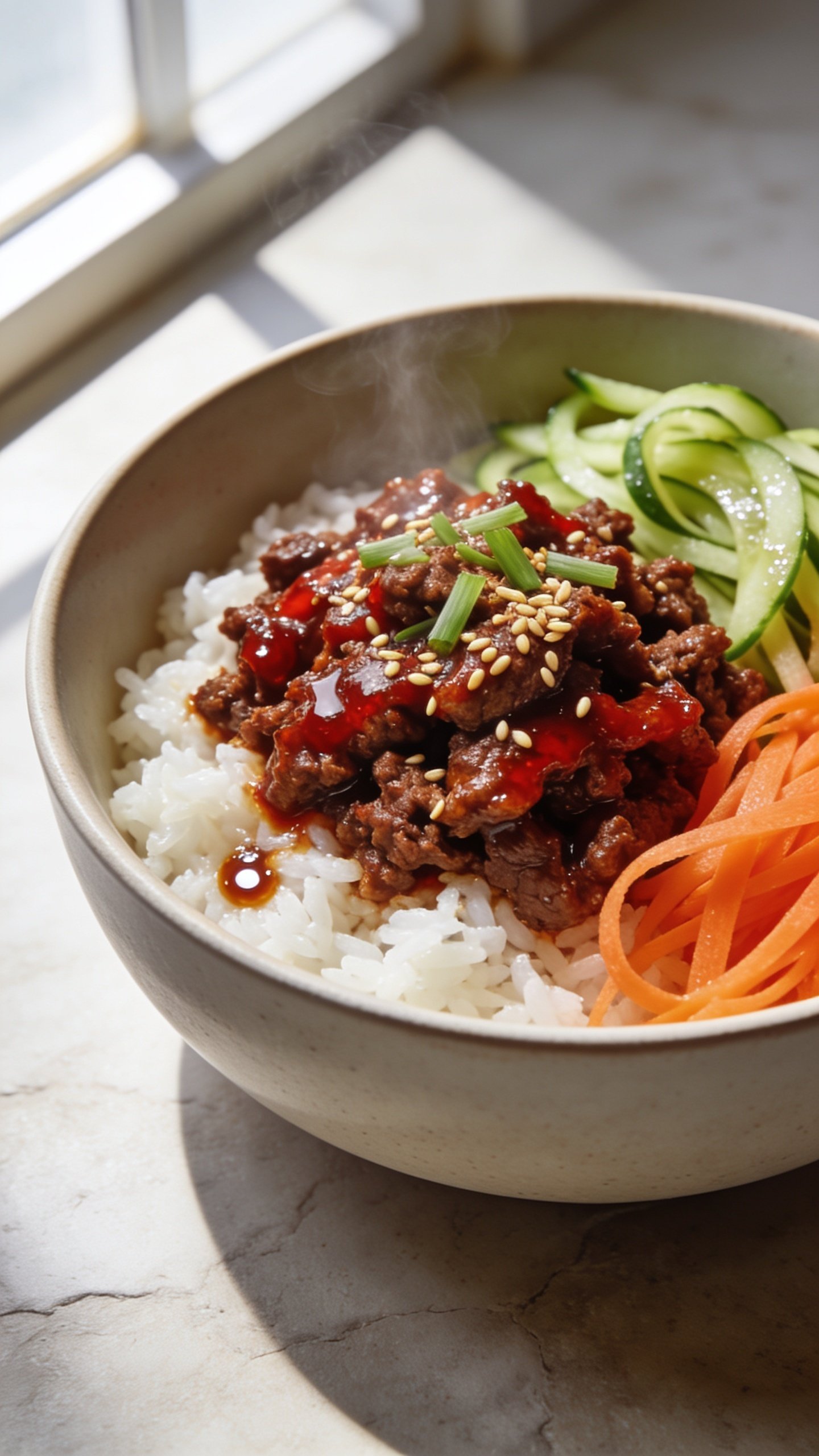 Ultra-close hero shot of a neatly packed high-protein Korean beef meal prep bowl: glossy, caramelized bulgogi-style ground beef piled over fluffy white jasmine rice, finished with a deep-red gochujang-soy-garlic glaze, sprinkled generously with toasted sesame seeds and thinly sliced scallions; on the side, a tidy nest of quick-pickled cucumber and carrot ribbons with a slight sheen; a few microdroplets of sauce visible on the rice, steam subtly rising; bright natural window light from the left, soft shadows, shallow depth of field focusing on the beef’s glistening crumble and sesame; neutral matte ceramic bowl on a light stone surface with minimal props to keep the food filling 90–95% of frame; vibrant colors, premium food-blog styling, consistent look for all images.
