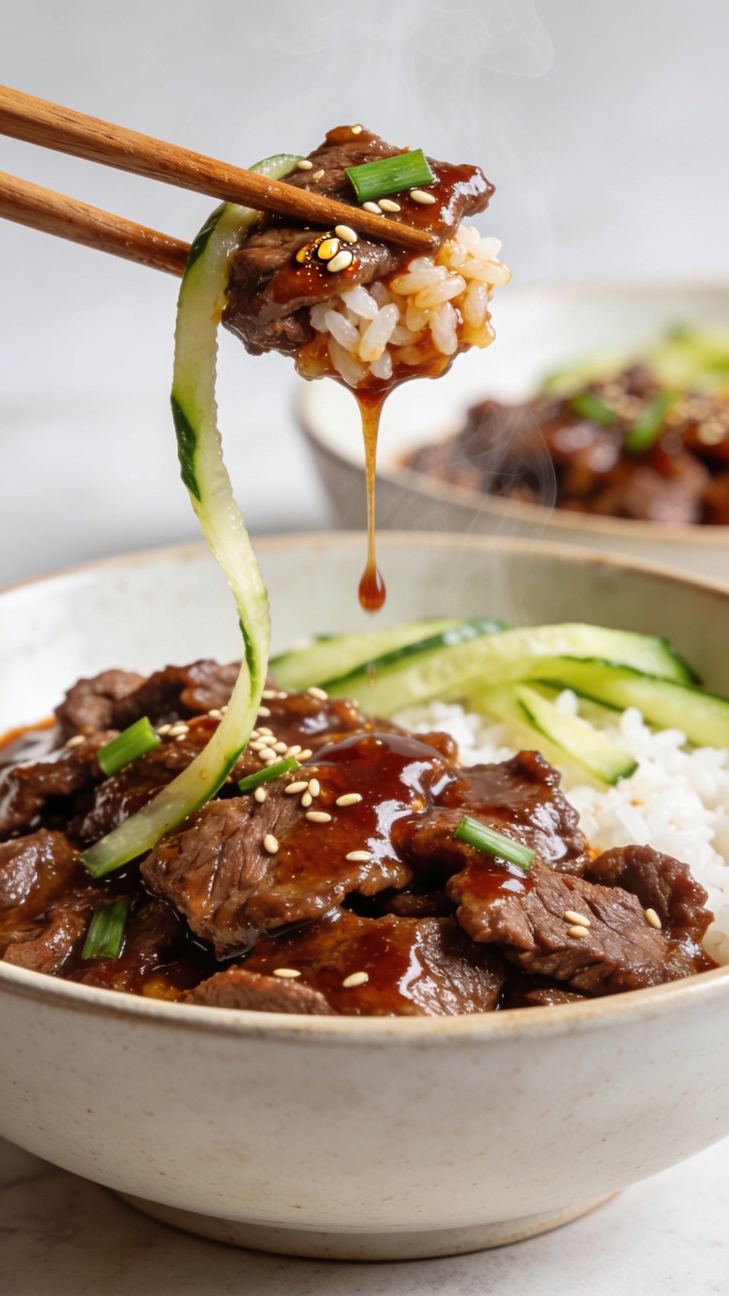 Dynamic action close-up capturing the most craveable bite: wooden chopsticks lifting a perfect mouthful of the same glossy Korean beef with a few grains of rice clinging, a sliver of scallion, and a sesame seed caught in the lacquered sauce; a thin ribbon of quick-pickled cucumber draped naturally from the lifted bite; a slow drip of gochujang-soy glaze suspended mid-fall back toward the bowl; visible steam rising; background softly blurred but clearly showing the same bowl with beef, rice, and pickles; bright natural lighting, shallow depth of field, rich textures and sheen, no hands or people, food filling 90–95% of the frame.