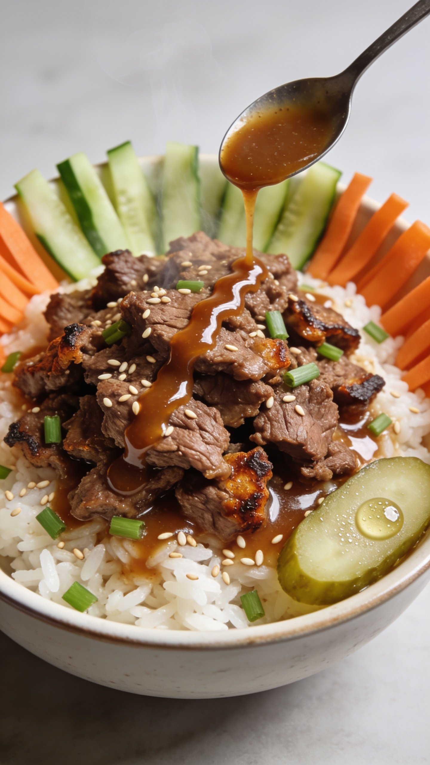 Extreme close-up angled from 3/4 overhead of the same finished bowl: beef heaped generously over rice with defined crumbles and caramelized edges, sauce pooled lightly in glossy pockets, scattered sesame seeds and scallions, pickled cucumber-carrot ribbons fanned along the rim; a tiny spoonful’s worth of extra sauce just drizzled across the beef creating a glossy zigzag; condensation kiss on a pickle slice, hint of steam; bright natural side light, shallow depth of field isolating the beef and glaze, neutral background, food occupying 90–95% of the frame for a cohesive premium meal-prep aesthetic.