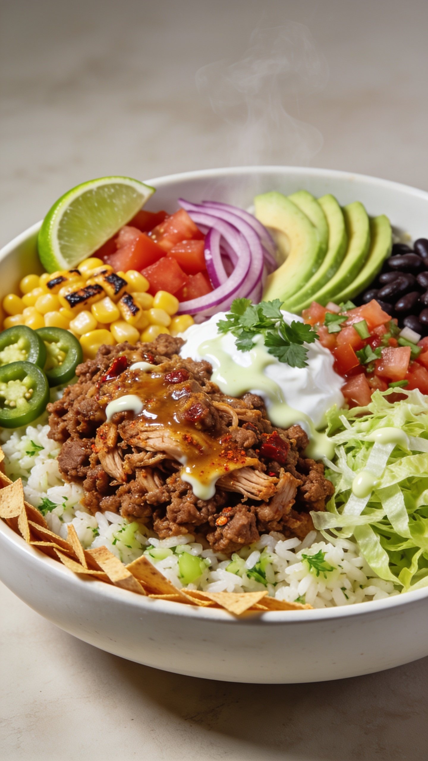Ultra-close, hero shot of a high-protein ground turkey taco bowl: a wide, shallow white ceramic bowl filled with fluffy cilantro-lime rice, a generous mound of juicy, browned ground turkey seasoned with chili, cumin, and smoked paprika, glossy with a light salsa reduction; bright toppings arranged in distinct sectionsâcharred corn kernels, diced ripe tomatoes, thinly sliced red onions, creamy avocado fan, black beans, shredded crisp romaine, jalapeĂąo slices, a dollop of tangy Greek yogurt or sour cream, fresh pico de gallo, and a scatter of chopped cilantroâfinished with a light drizzle of lime crema and a wedge of lime tucked at the rim; optional baked tortilla strip shards for crunch along one edge; vibrant, saturated colors, slight sheen on the turkey and crema, steam subtly rising; shot at 45 degrees with shallow depth of field, bright natural side light, matte neutral background, food filling 90â95% of frame, premium food-blog styling, no text.