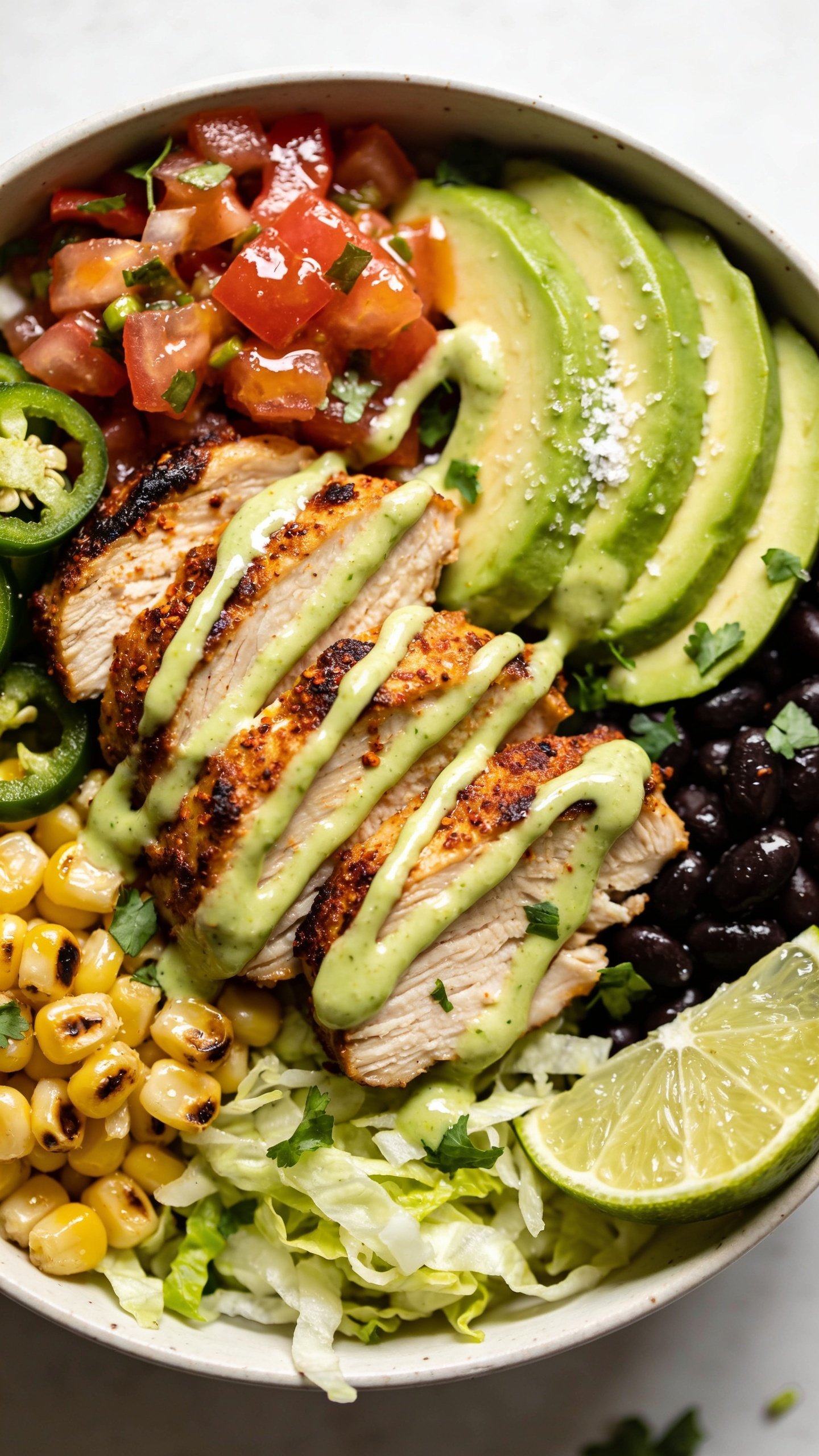 Extreme close-up overhead angle of the same finished taco bowl emphasizing textures and gloss: tightly framed composition showing the seasoned turkeyâs caramelized edges and chili-speckled surface, glistening lime crema drizzled in thin zigzags, juicy pico de gallo with visible tomato juices, creamy avocado slices with fine salt crystals, charred corn with light blistering, crisp romaine shreds, black beans with a soft sheen, thin jalapeĂąo rings, and chopped cilantro scattered throughout; a lime wedge with visible pulp sits at the edge; bright natural light, shallow depth of field with selective focus on the turkey and crema; food fills 90â95% of frame; clean, neutral background and bowl consistent with the other shots; no text.
