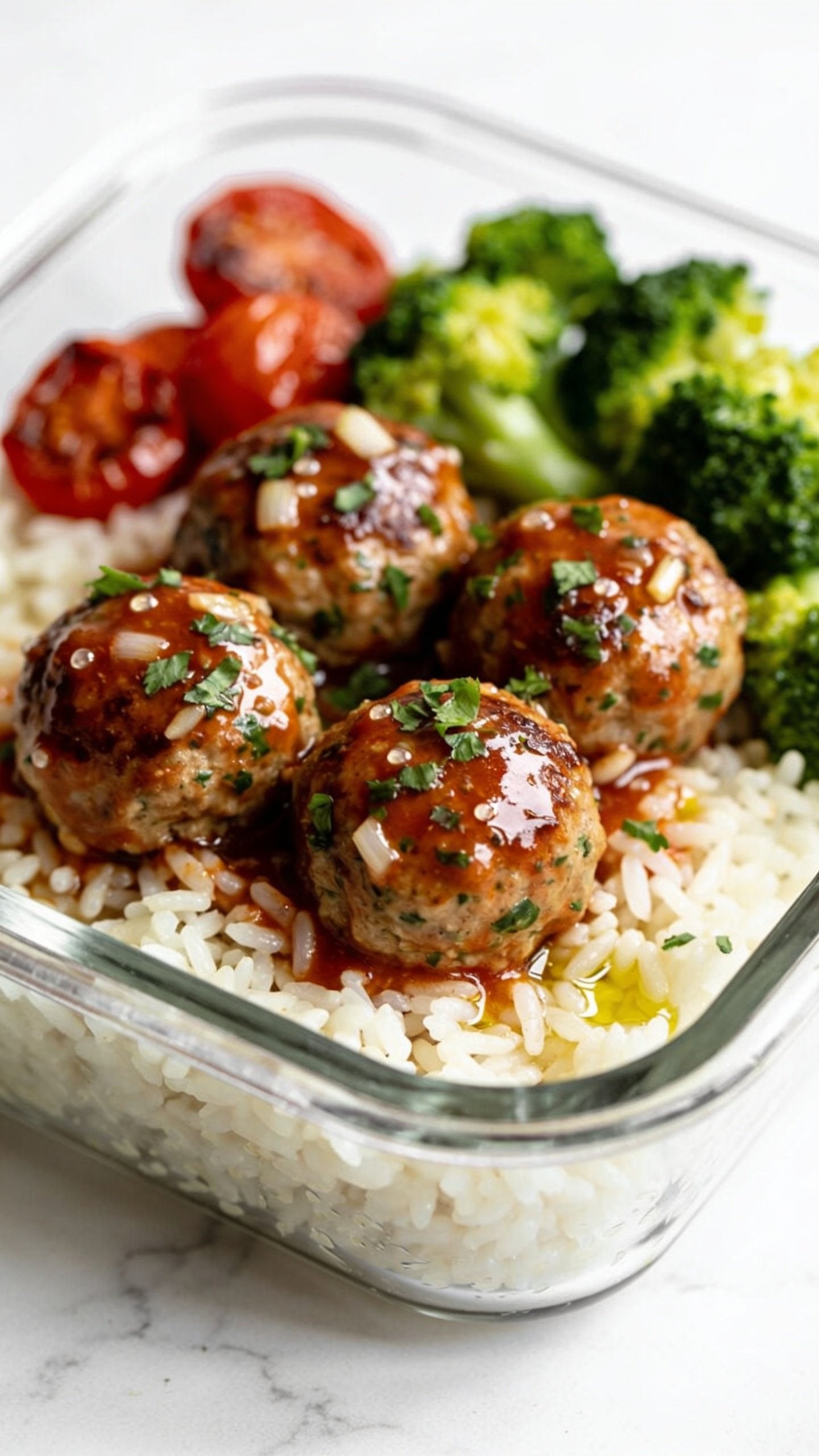Ultra-close hero shot of high-protein turkey meatballs plated for meal prep: glossy, browned turkey meatballs glazed with a light garlic-herb tomato sauce, nestled over fluffy jasmine rice with bright-steamed broccoli and a few roasted cherry tomatoes for color. The meatballs are juicy with visible flecks of parsley and minced onion, micro-beads of sauce clinging to the surface, a light sheen of olive oil, and a sprinkling of fresh chopped parsley. Served in a modern glass meal-prep container on a white marble surface with bright natural side lighting, shallow depth of field, and crisp highlights on the sauce. Food fills 90â95% of frame, same arrangement across all images: 4 meatballs centered on rice, broccoli to the right, cherry tomatoes tucked at back left.