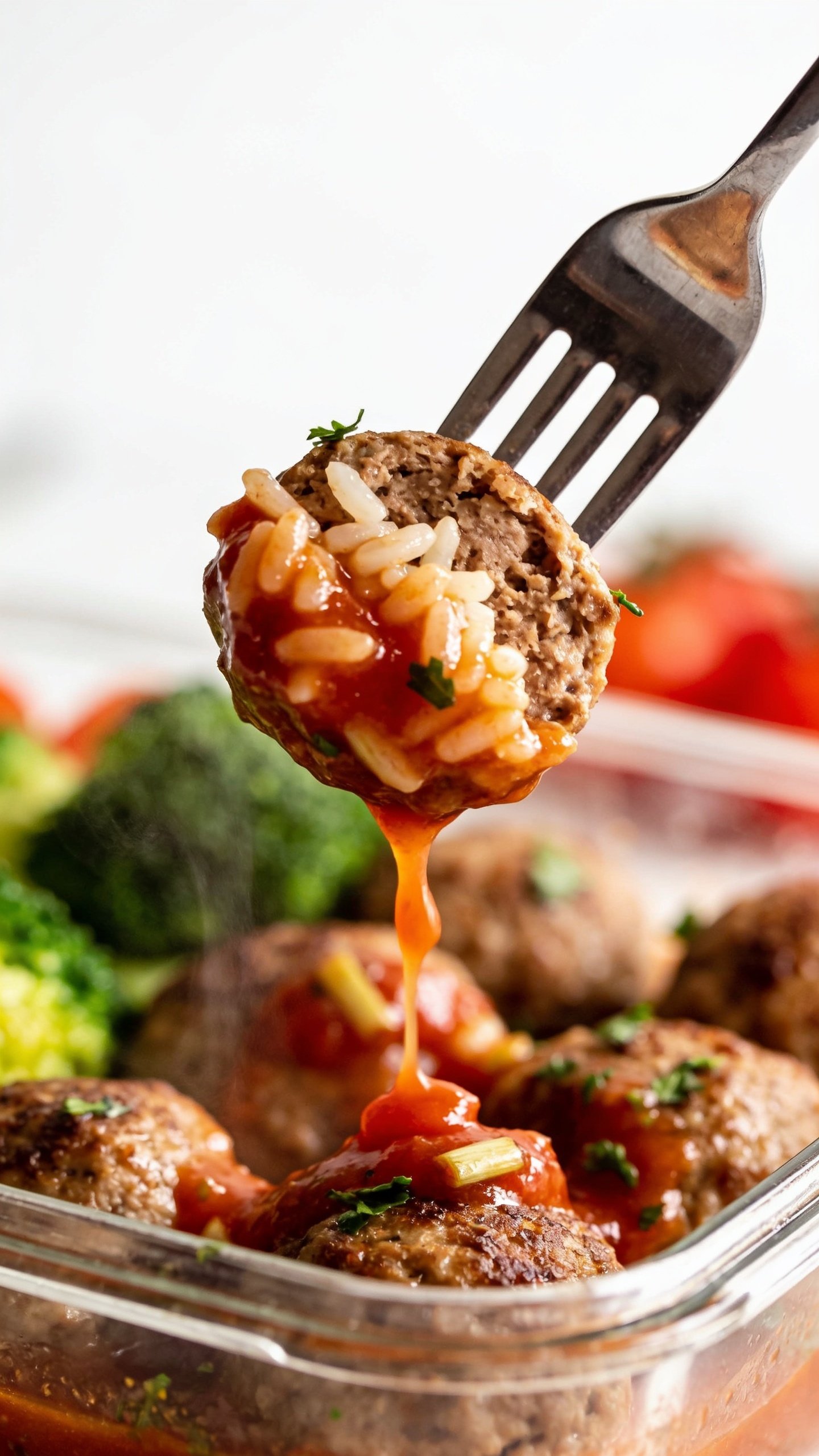 Dynamic action bite: a polished stainless-steel fork lifting the perfect bite from the same plated meal-prep containerâhalf a turkey meatball speared with a few glossy grains of rice and a ribbon of tomato-garlic sauce trailing back to the plate, tiny flecks of parsley clinging, visible steam rising subtly. Background shows the remaining meatballs in soft blur with broccoli and tomatoes still in place. Bright natural lighting, shallow depth of field, rich textures, sauce sheen emphasized. No hands, only the fork tip entering from the top right; food dominates 90â95% of frame, same arrangement and ingredients as the hero.