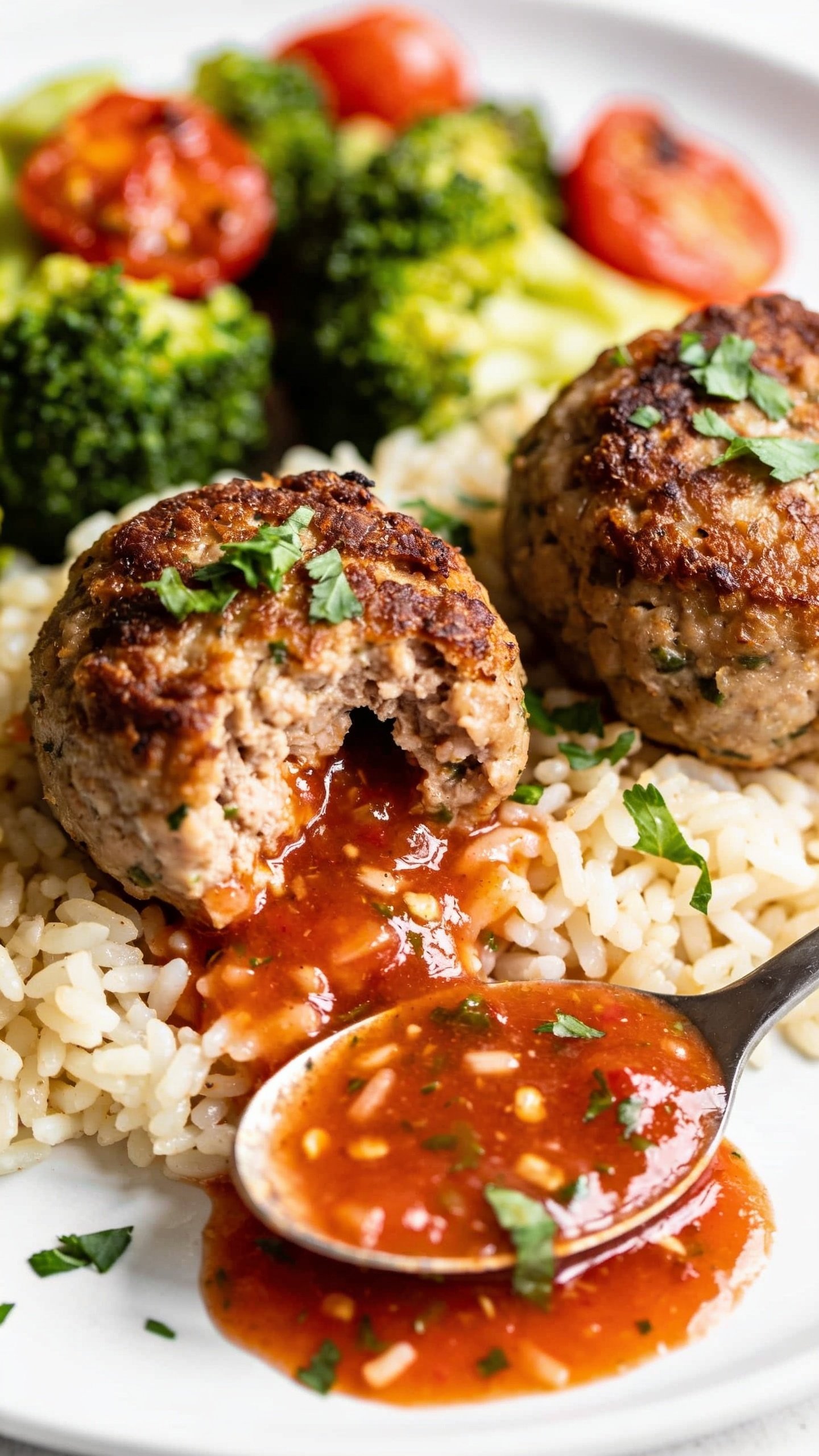 Tight macro close-up from a lower 3/4 angle of the same finished meal: focus on two turkey meatballs resting on the rice with a spooned-on glossy tomato-garlic-herb glaze pooling slightly at the base, crispy browned edges, moist interior peeking from a small natural crack, fresh parsley sprinkled over. Broccoli florets and roasted cherry tomatoes blur softly in the background, bright natural light creating appetizing highlights on the sauce and rice. Food fills 90â95% of the frame, same composition and elements as the hero for visual consistency.