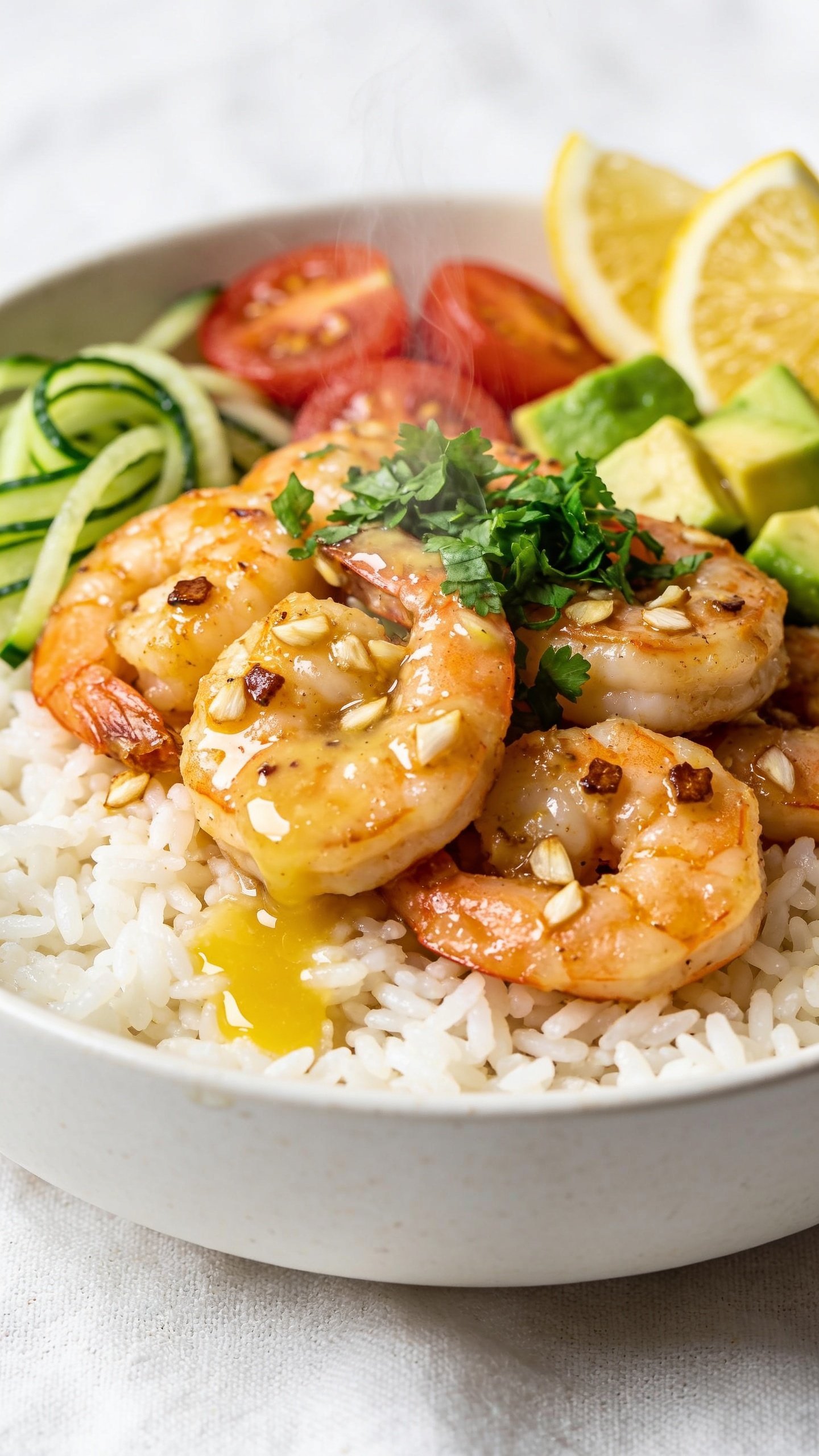 Ultra close-up hero shot of high-protein garlic butter shrimp bowl: plump, golden seared shrimp glistening with garlic butter and tiny browned garlic bits, nestled over fluffy white jasmine rice in a shallow matte-white bowl, topped with bright green chopped parsley, thin cucumber ribbons, diced ripe avocado, cherry tomato halves, and lemon wedges on the rim; a small drizzle of glossy tangy lemon-garlic sauce pooling lightly on the rice; steam faintly rising; bright natural side light, shallow depth of field, creamy bokeh, white linen background with subtle texture; rich saturated colors, shrimp and glossy sauce as the sharp focal point, food filling 90â95% of frame, premium food-blog styling.