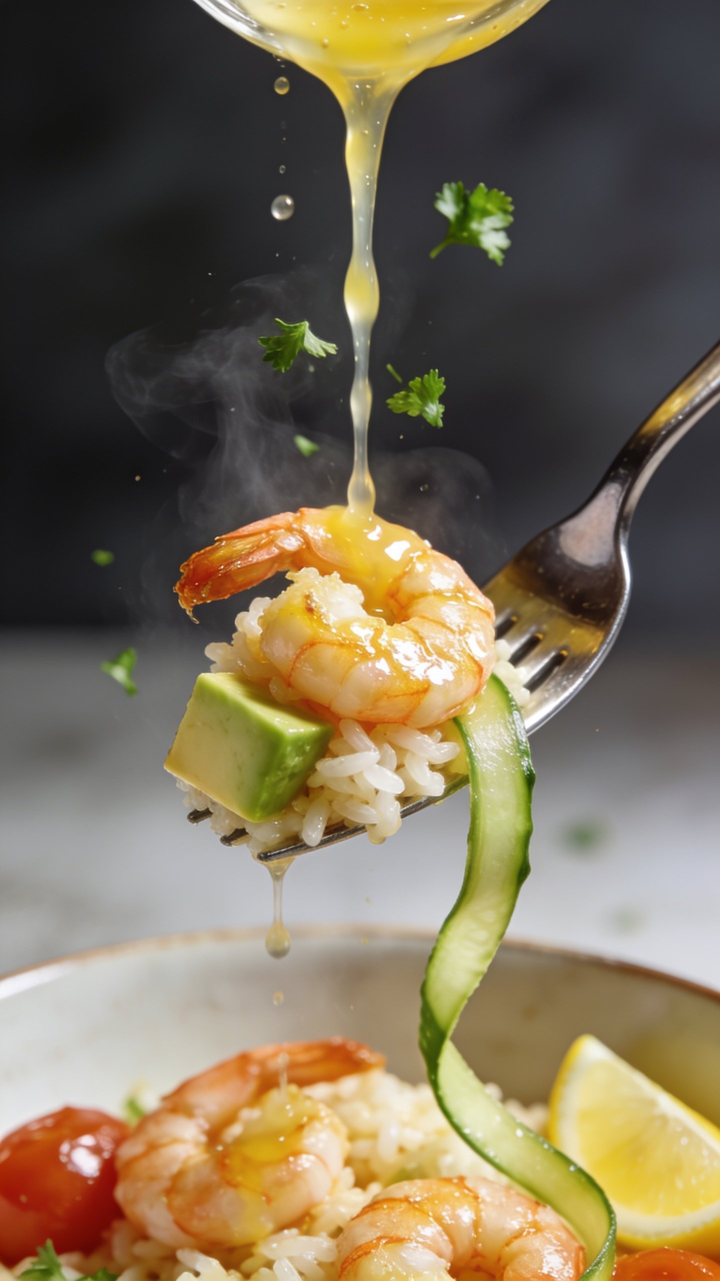 Dynamic action close-up: a polished fork lifting the perfect bite from the same garlic butter shrimp bowlâone glistening golden shrimp hooked with a few grains of fluffy rice, a cube of avocado, and a strand of cucumber ribbonâwhile a slow stream of warm garlic-lemon butter drizzles from above onto the lifted bite, catching highlights; micro droplets and glossy sheen visible, a few parsley flecks suspended mid-air; no hands, only the fork tip in frame; steam subtly rising; background softly blurred bowl with remaining shrimp, tomatoes, and lemon wedge; bright natural lighting, shallow depth of field, high contrast on the glossy sauce, food filling 90â95% of frame, magazine-cover anticipation.
