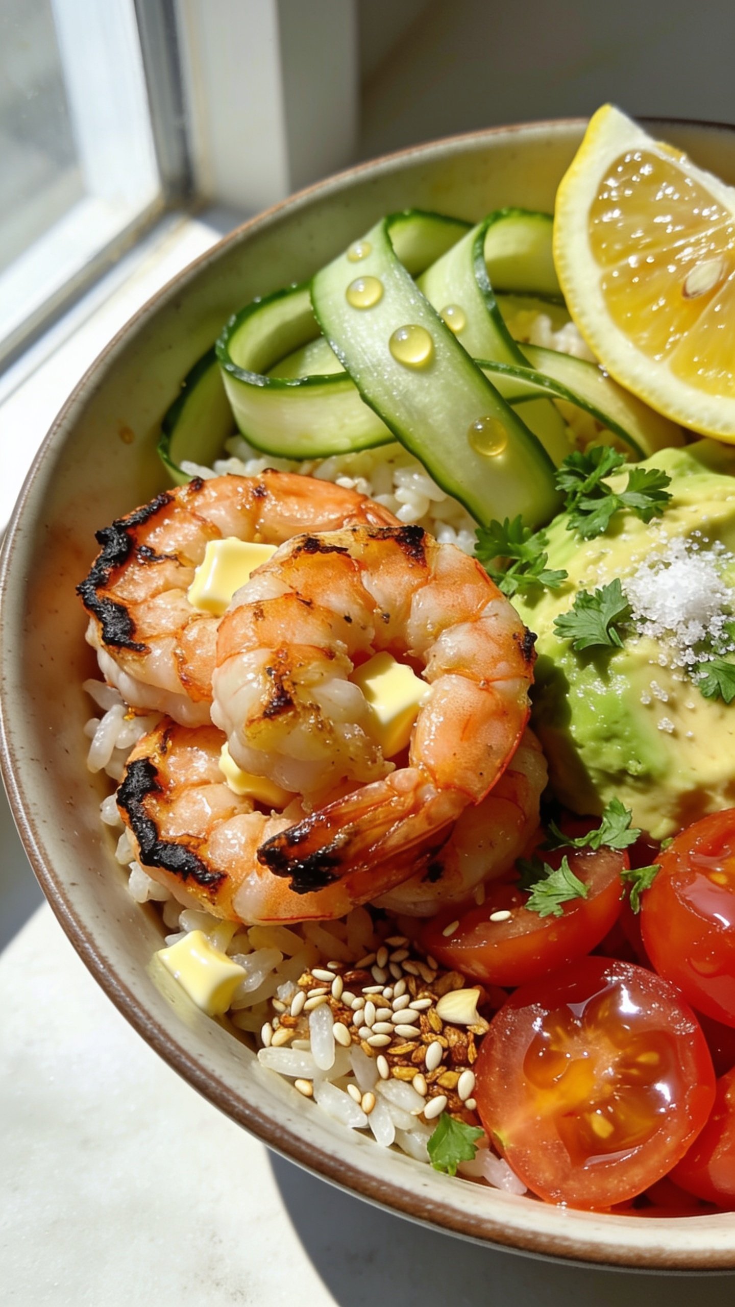 Extreme close-up angle from slightly overhead focusing on textures: the same bowl with tightly composed layersâchar-kissed edges of shrimp, glossy butter pooled in rice crevices, sesame-like toasted garlic bits, vibrant tomatoes with visible juice, creamy avocado with fine salt crystals, fresh parsley scatter, and a just-squeezed lemon wedge with visible pulp; a few droplets of tangy drizzle beading on cucumber ribbons; bright natural window light from left, gentle shadow on right for depth, shallow depth of field isolating front cluster of shrimp; food fills 90â95% of frame, crisp, mouthwatering, cohesive with previous shots.
