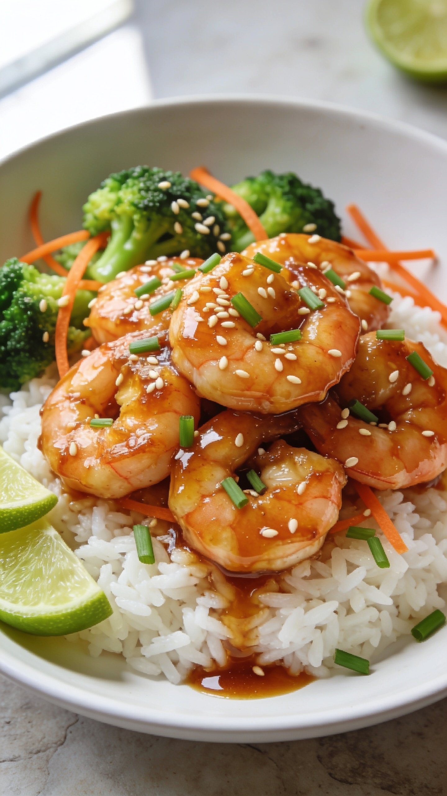 Ultra close-up hero shot of honey-garlic shrimp meal prep: plump, seared shrimp glazed in a glossy amber honey-garlic sauce piled over fluffy white jasmine rice with steam-kissed bright green broccoli florets and thin carrot ribbons; sesame seeds and finely sliced green onions scattered; a few lime wedges tucked at the edge for color; sauce lightly pooling on the rice; 90–95% frame filled with food, no text, no hands; bright natural window light from the left, soft bounce on the right, shallow depth of field that blurs the far edge of the bowl; premium food-blog styling in a matte white shallow bowl on a neutral light stone surface.