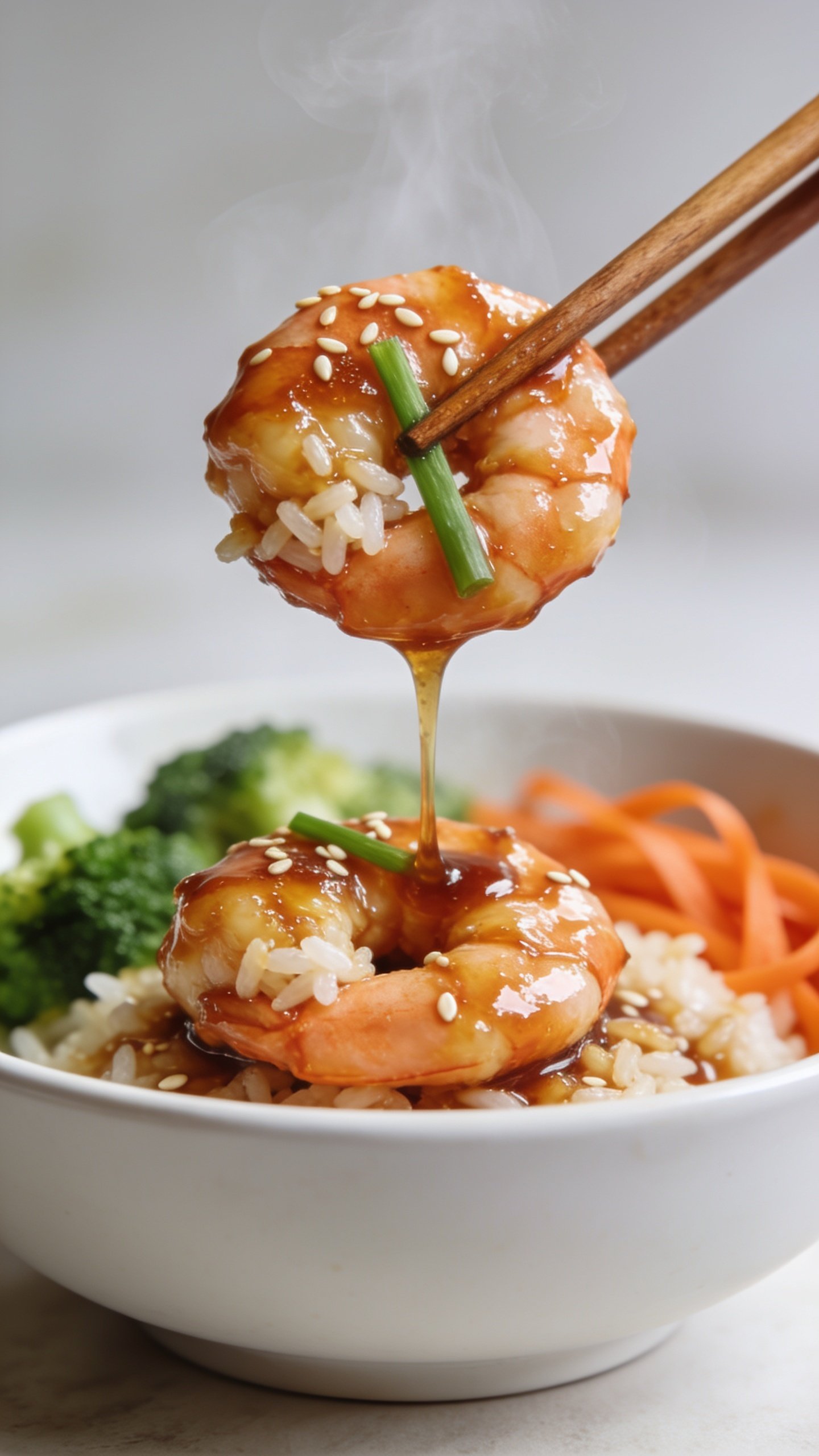 Dynamic action close-up: wooden chopsticks lifting the perfect bite—two glossy honey-garlic shrimp with a few rice grains clinging and a strand of green onion, sauce stretching in a thin glistening ribbon back to the bowl; steam rising subtly; broccoli and carrot ribbons blurred in the background; 90–95% frame filled with food, only chopsticks visible, no hands; bright natural lighting, shallow depth of field, rich amber glaze highlights, sesame seeds catching the light; same white shallow bowl and surface for consistency.