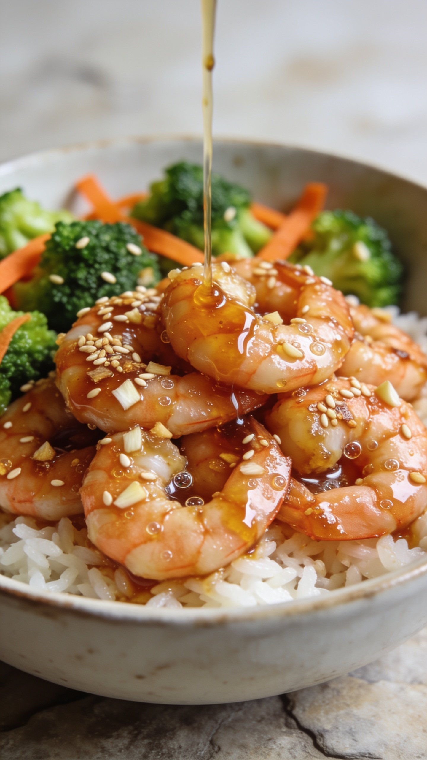 Extreme close-up from a low angle across the bowl: focus on a tight cluster of shrimp nestled on the rice with the sticky honey-garlic glaze beading and pooling, micro-bubbles in the sauce visible, toasted sesame seeds and minced garlic bits clinging to the shrimp; vivid broccoli crowns and carrot ribbons peeking in with soft blur; a light drizzle of extra sauce traced over the shrimp; 90–95% frame filled with food; bright natural side light, shallow depth of field, same bowl and neutral stone background to match the shoot.