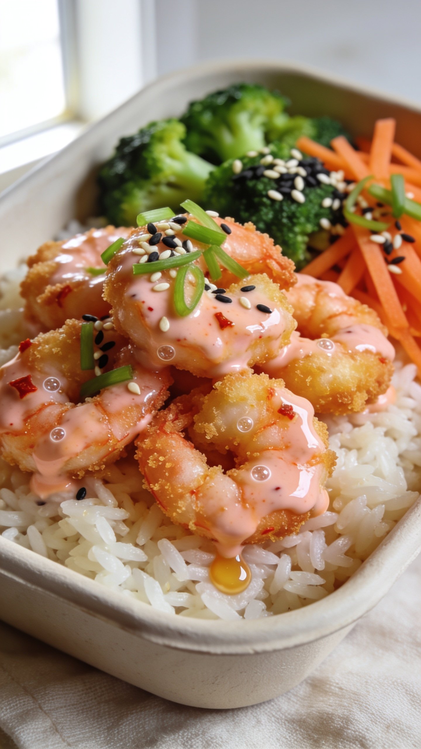 Ultra close-up hero shot of High Protein Bang Bang Shrimp meal prep: golden-crisp panko- and cornstarch-coated shrimp tossed in a glossy lightened bang bang sauce (creamy pale pink-orange with visible chili flecks), piled over fluffy jasmine rice with a side of vibrant steamed broccoli and crisp julienned carrots, garnished with thinly sliced green onions and black-and-white sesame seeds. Sauce lightly clings to each shrimp with tiny bubbles and sheen; a few droplets kiss the rice. Bright natural window light from the left, soft bounce on the right, shallow depth of field isolating the front shrimp. Neutral matte ceramic meal-prep container, pale linen beneath, no utensils, no text. Food fills 90–95% of frame, premium food-blog styling, consistent color palette across all images.