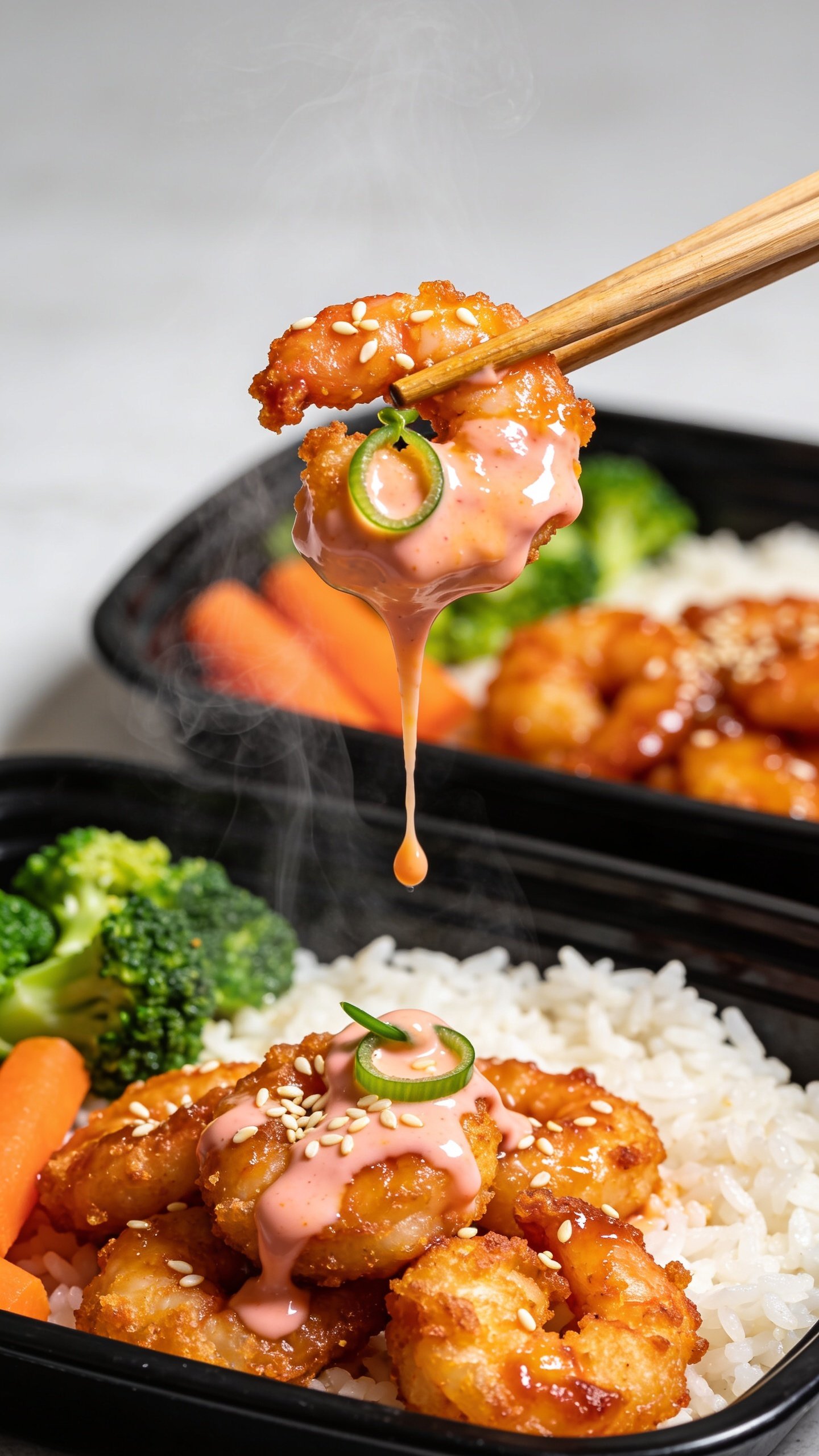 Dynamic action close-up: wooden chopsticks lifting the perfect bite—one glossy, crispy bang bang shrimp with a ribbon of creamy pink-orange sauce stretching from the bowl, a few sesame seeds and a green onion ring clinging to the sauce. In the blurred background, the same meal prep bowl shows saucy shrimp over jasmine rice with bright broccoli and carrots. A faint wisp of steam rises; a micro-drip of sauce falls back toward the bowl, frozen mid-air. Bright natural light, shallow depth of field, high contrast on glossy sauce and crispy texture. No hands or people visible, only the chopsticks tip. Food fills 90–95% of frame, same props and styling as image