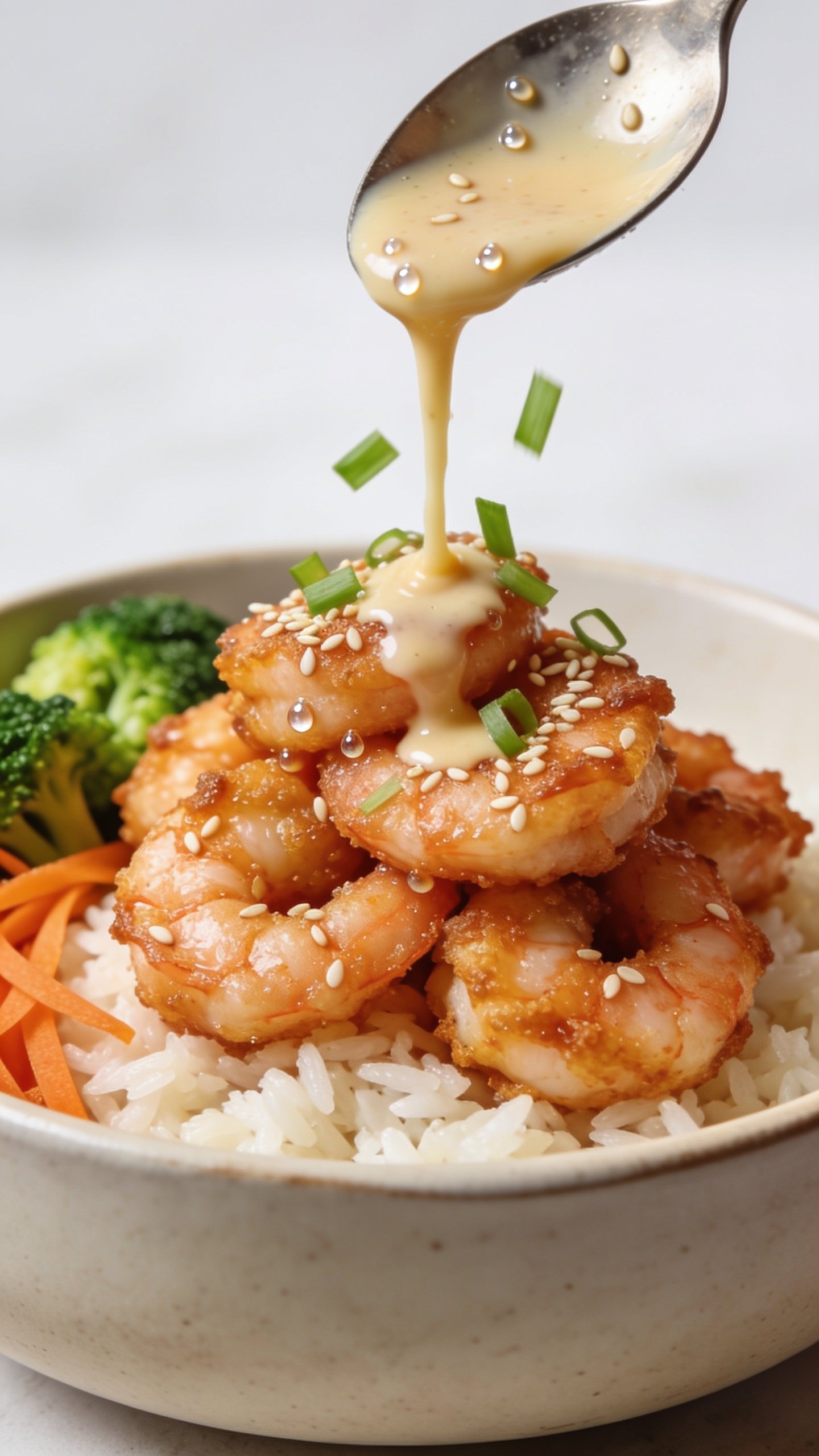3. Macro side-angle close-up of the finished meal in the same neutral ceramic container: a tight cluster of saucy, crisp shrimp resting on jasmine rice, with a slow spoon-drizzled stream of extra light bang bang sauce coating the top shrimp, tiny droplets beading on the crust. Freshly scattered sesame seeds and paper-thin green onion slices mid-fall, frozen over the shrimp. Broccoli florets and carrot ribbons peek from the side, vibrant and crisp. Bright natural lighting, shallow depth of field, creamy bokeh, food fills 90–95% of frame, same color tones and surfaces for a cohesive shoot.