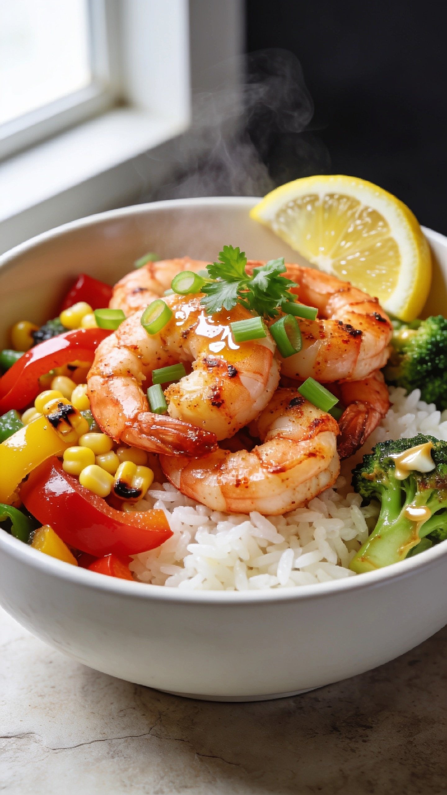 Ultra close-up hero shot of a high-protein Cajun shrimp rice bowl: plump, glossy Cajun-seasoned shrimp with light char and paprika-chili rub nestled over fluffy white jasmine rice, a colorful veggie medley of sautéed red and yellow bell peppers, charred corn, and tender broccoli florets, all lightly glossed with garlic butter; bright green sliced scallions and fresh parsley scattered on top, a wedge of lemon tucked at the rim with a light squeeze visibly glistening on the shrimp; subtle steam rising; shallow depth of field with the front shrimp and rice in razor focus; bright natural window light from the left, clean matte white ceramic bowl on a neutral light stone surface; vibrant reds, greens, and golden tones popping; no text, no hands, 90–95% frame filled with the bowl; same styling for all images.