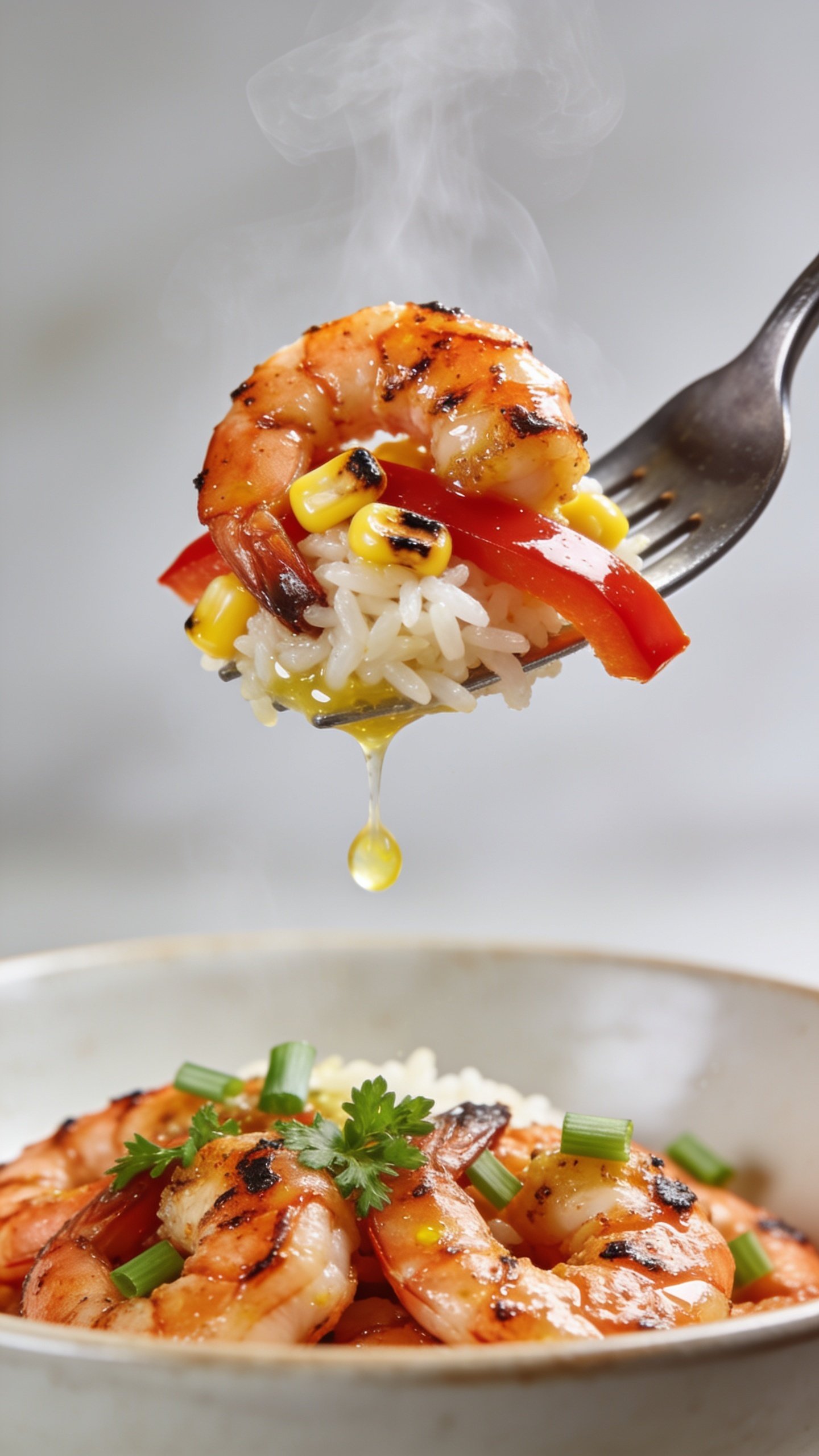 Dynamic action close-up: a fork lifting the perfect bite from the same Cajun shrimp rice bowl—one juicy, charred, glossy Cajun shrimp perched on the tines with a little mound of fluffy jasmine rice clinging beneath, a strip of sautéed red bell pepper and a few kernels of charred corn caught in the bite; micro-beads of lemon-garlic butter glistening and a droplet mid-fall back to the bowl; a gentle wisp of steam rising; scattered scallions and parsley visible on the remaining shrimp below; shallow depth of field with the lifted bite in crisp focus and the rest of the bowl blurred; bright natural lighting, 90–95% frame food-filled, utensil only (no hands), premium food-blog styling consistent with image
