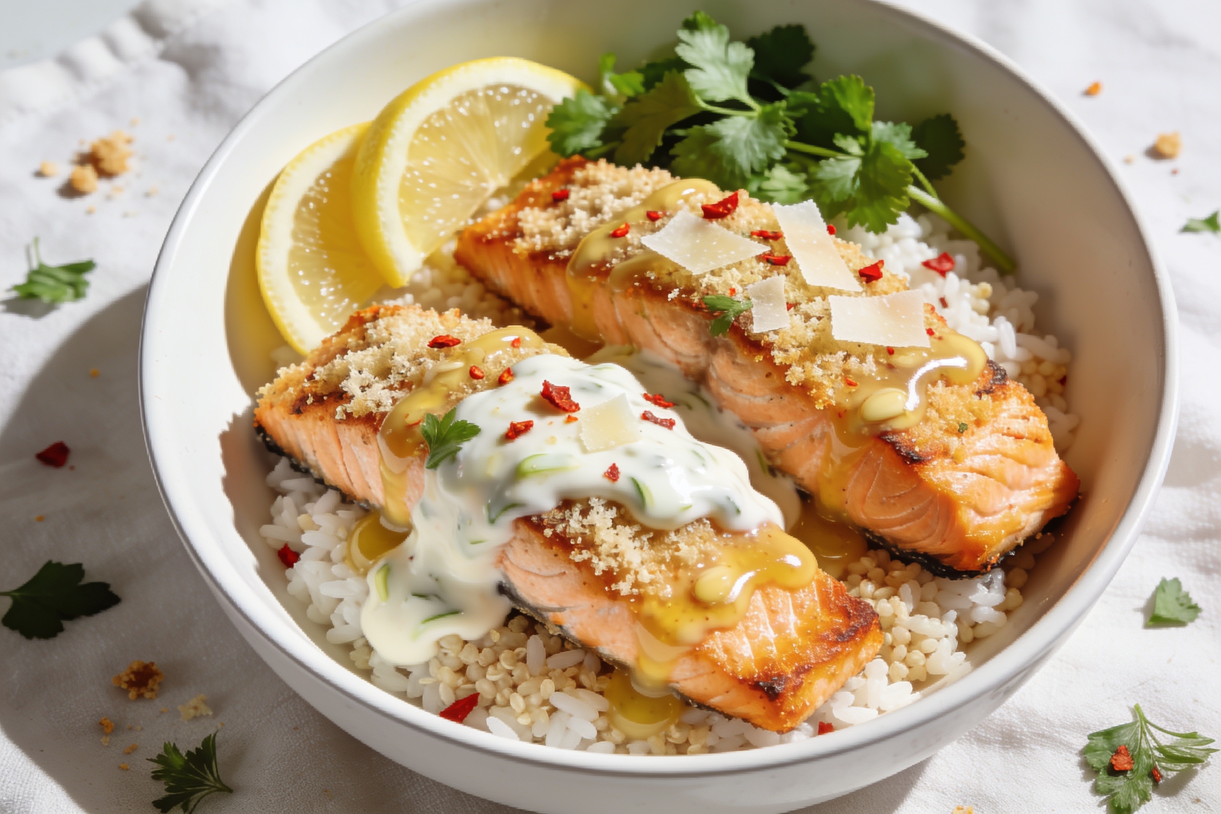 High Protein Garlic Parmesan Salmon Bowls
