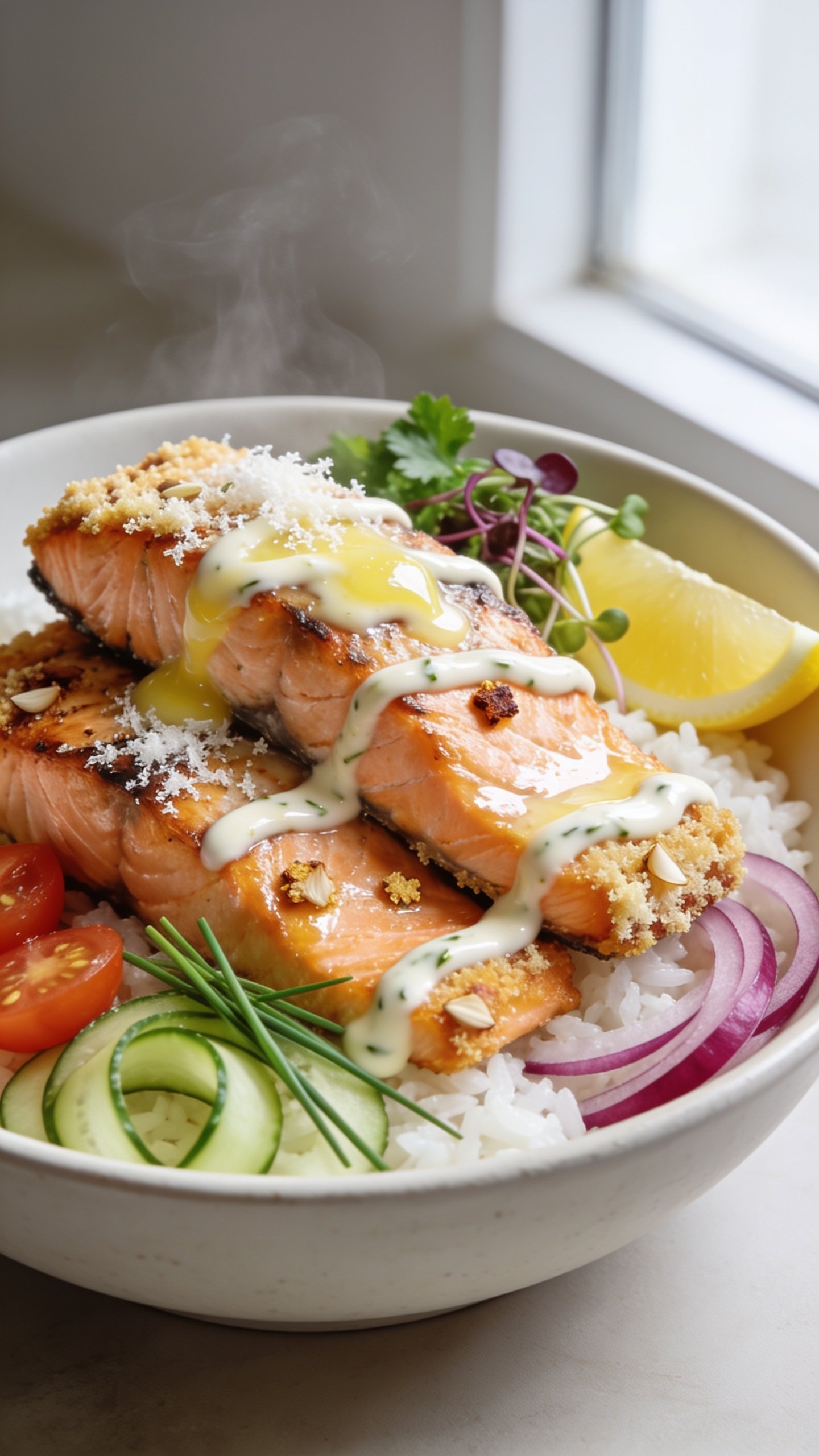 Extreme close-up hero shot of a High Protein Garlic Parmesan Salmon Bowl: golden, pan-seared salmon fillets with crispy, Parmesan-crusted edges and visible garlic flecks, perched over fluffy white rice (or quinoa) in a shallow matte white bowl. The salmon is glossy with melted garlic butter and a squeeze of lemon, tiny browned parmesan bits clinging to the surface. Toppings arranged neatly: thin cucumber ribbons, cherry tomato halves, thinly sliced red onion, fresh parsley and chives, microgreens, and a bright lemon wedge. A silky yogurt-garlic drizzle in delicate zigzags over the salmon and rice, with extra finely grated parmesan sprinkled on top. Bright natural window light from the side, shallow depth of field, food filling 90–95% of frame, clean neutral background, crisp textures, vibrant colors, steam faintly rising.