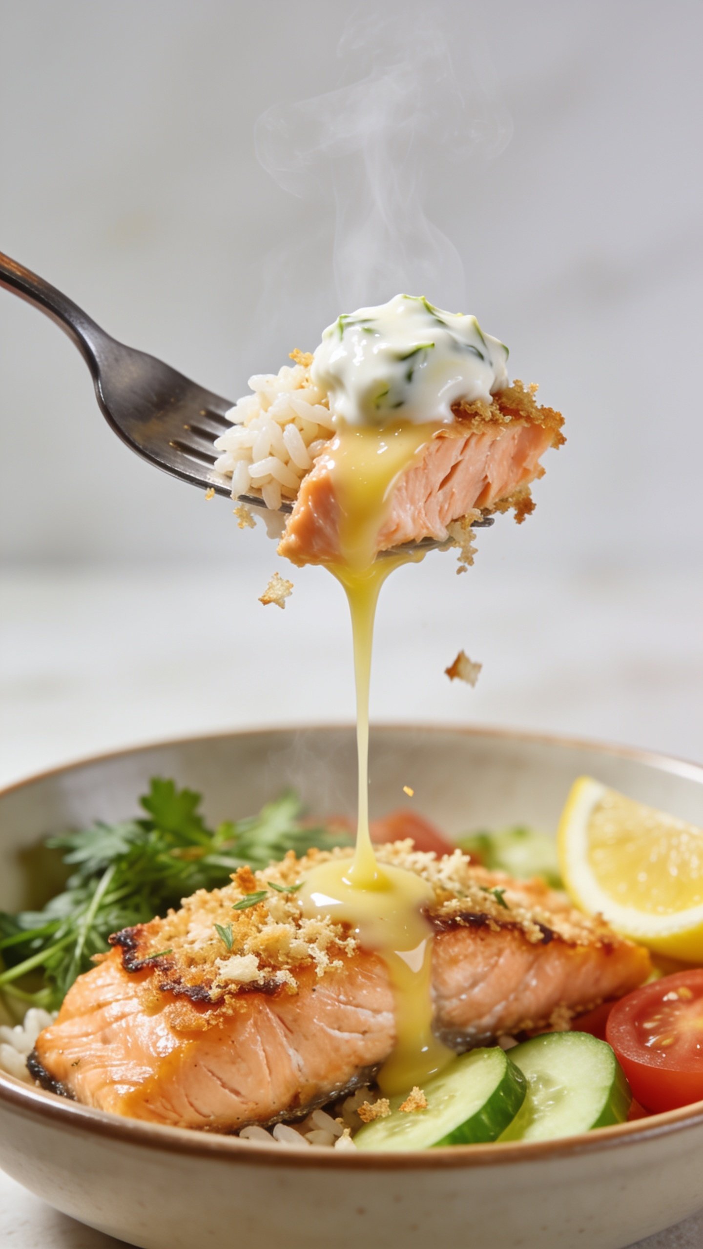 Dynamic action close-up capturing the perfect bite: a fork lifting a flaky, glistening chunk of the garlic-parmesan salmon with a little mound of rice and a swipe of yogurt-garlic sauce, strands of steam rising. Micro bits of crispy parmesan crust cling to the salmon; a glossy ribbon of lemon-garlic butter drips slowly from the fork back toward the bowl. In the blurred background of the same bowl, see the remaining salmon with crispy edges, fresh herbs, cucumbers, tomatoes, and a lemon wedge. Bright natural lighting, shallow depth of field, food filling 90–95% of frame, no hands visible, premium magazine-style composition.